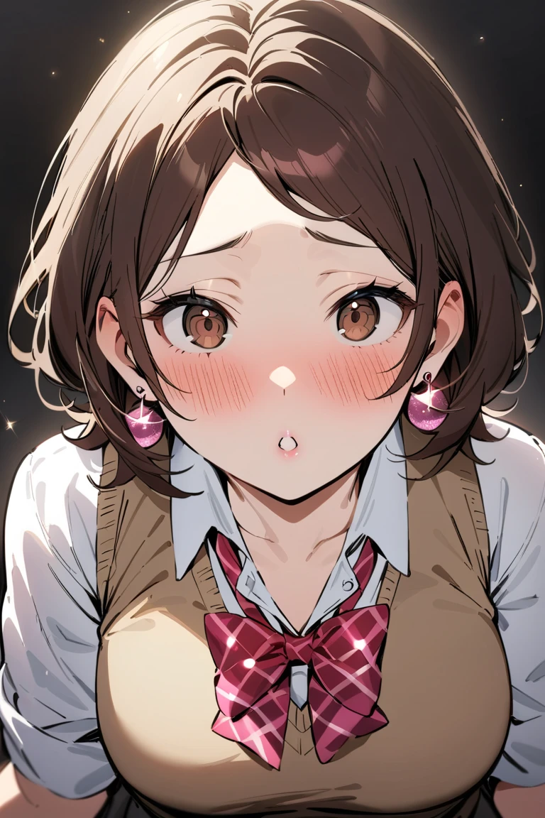 (masterpiece, best quality, high quality, highres, ultra-detailed), brown-vest, 1girl, solo, looking at viewer, tsundere, blush, short hair, dark brown hair, hair ornament, bow, brown eyes, school uniform, white shirt, red bow, kogal gyaru, bangs held up with a hairpin on top of her head open forehead, plump pink lips made up with glitter, fair skin, long pink with sequins manicure, long rectangular silver earrings