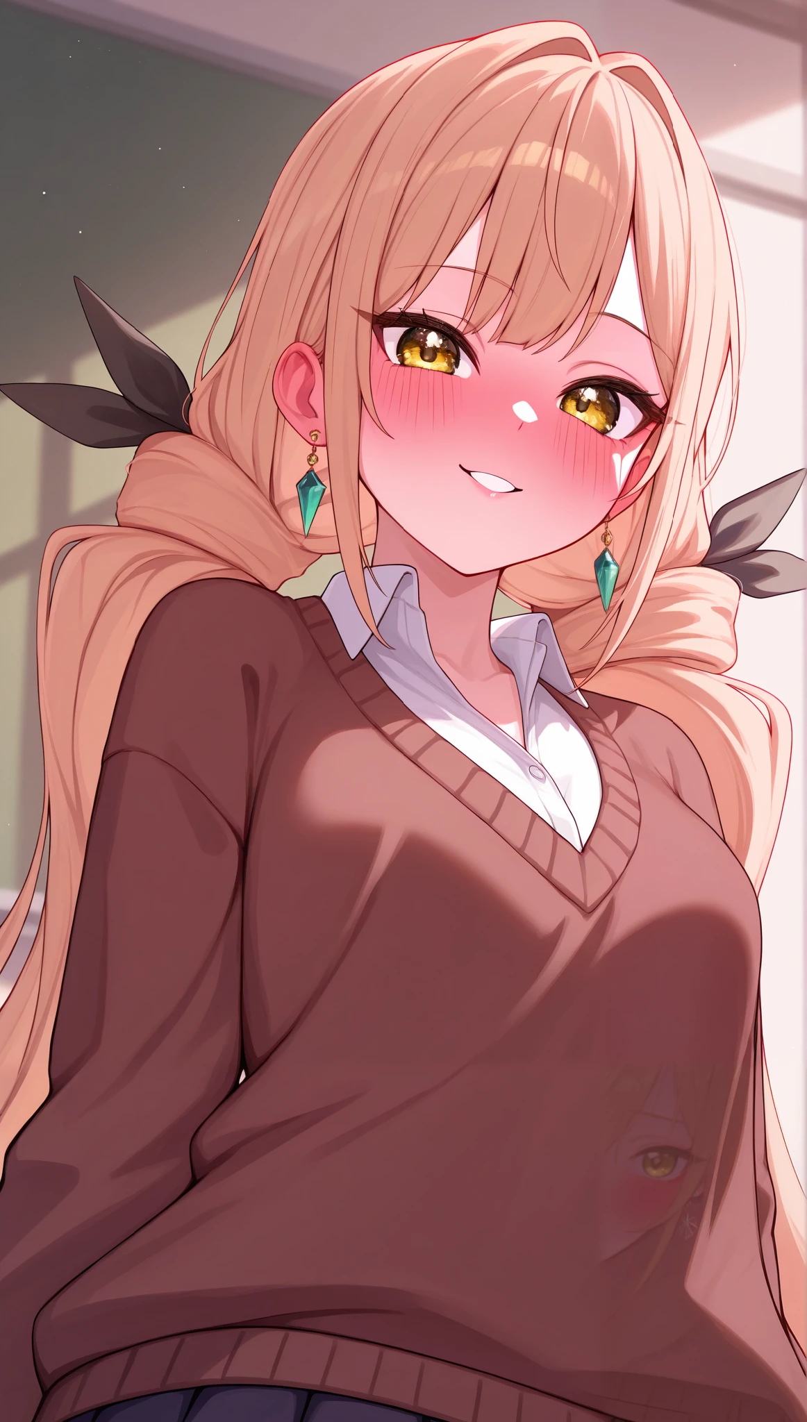 (masterpiece), (portrait), small  (aesthetics), ((1 female 21 years old)), Highlight earrings), ((long hair, bow in her hair)), ((Hot crystal light brown hair, long pigtails, bows in the hair)), ((Karane Inda)) straight hair, thin eyes open, cold look, yellow eyes, cute, , blushing, beautiful smile shy happy, lane, woman, feminine, beautiful, female features, top, high quality, aesthetic clothing, professional angle, (rule of thirds), (feminine), , (beautiful) , (female), solo, (Korean attractive), summer, (ink haze), (afternoon), (vibrant light),  posture, ((face looking forward))), Karane Inda, school uniform, brown sweater long sleeves, pleated skirt, sensual ((Energy)), (Bold Makeup), (), Fair Skin, (Clothes with Hip Hop Details), (a hot Karane Inda, sculptural body,  pose), (Sleep Neckline), Beautiful Hands, Body beautiful, beautiful ears, beautiful eyes, bright eyes, beautiful mouth, beautiful lips, classroom