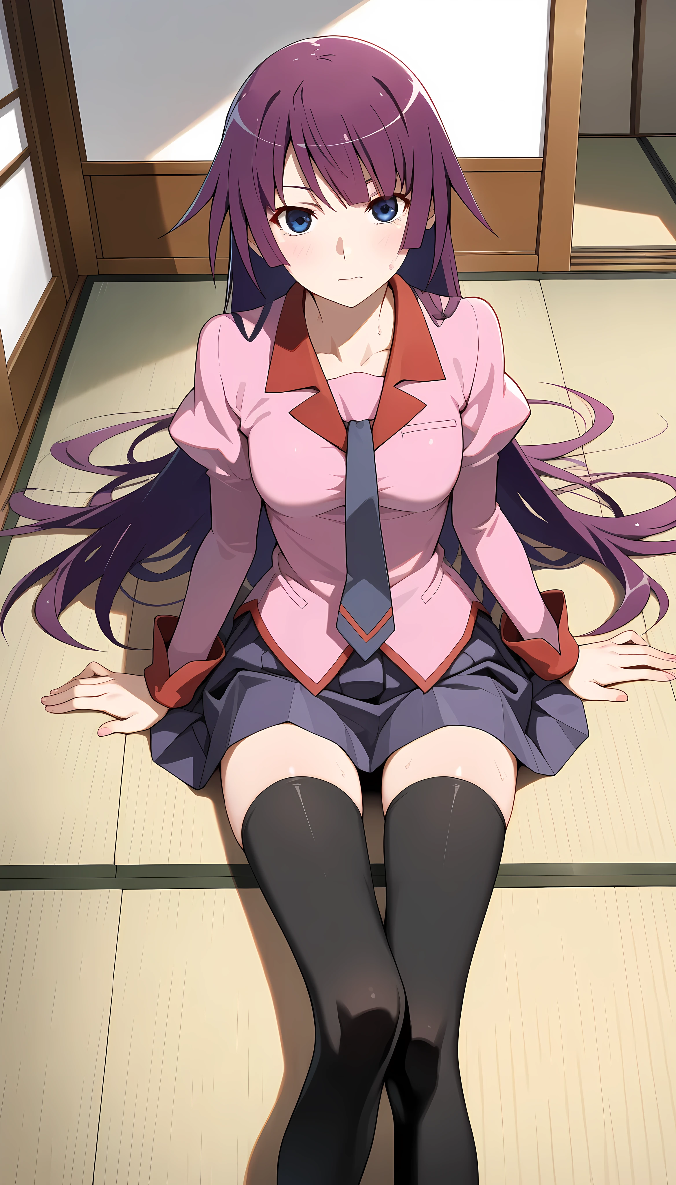 (knees together feet apart, sitting, panties, pantyshot), on bed, bedroom, Hitagi Senjogahara, Senjougahara Hitagi, Long Hair, blue eyes, Purple Hair,