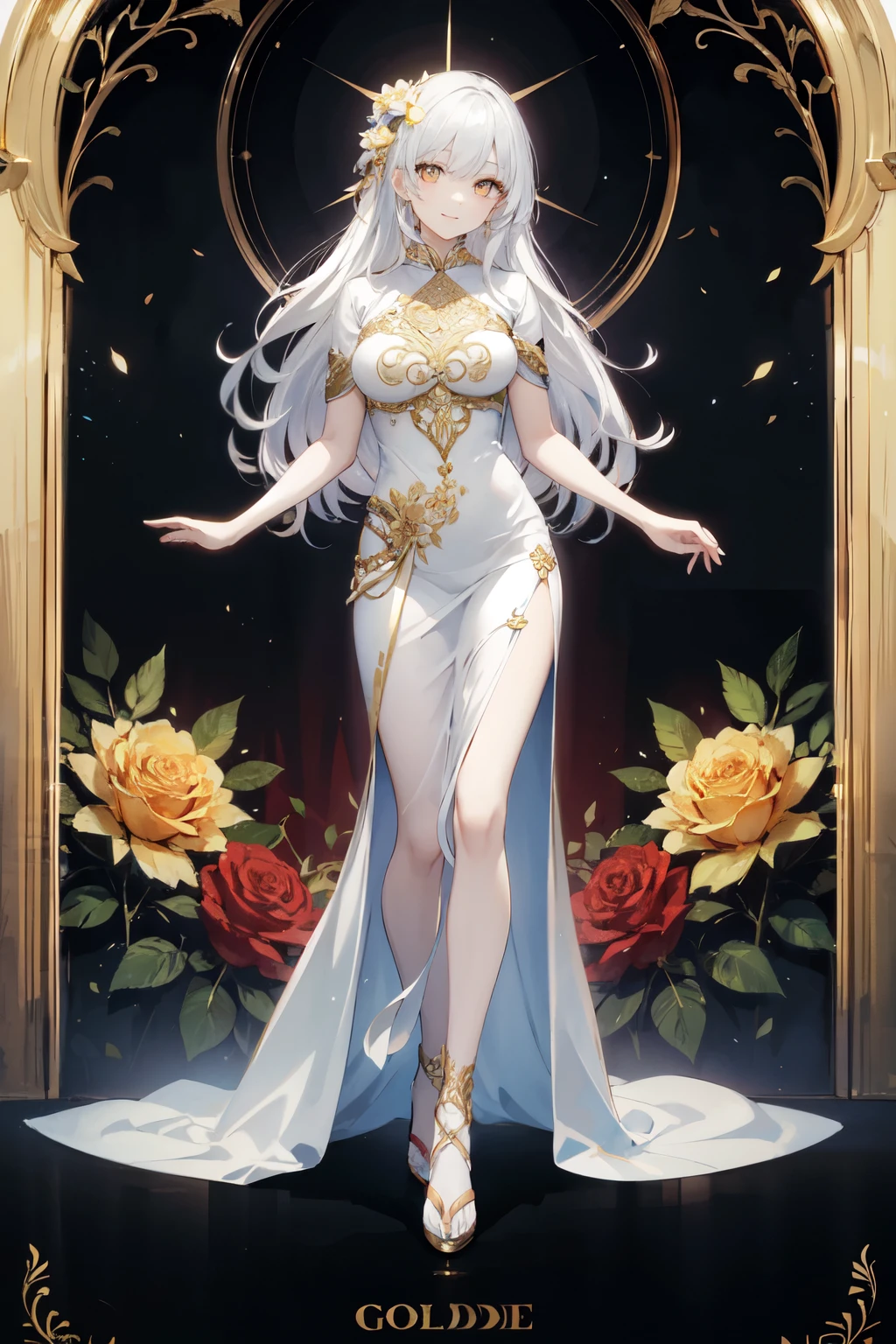 Golden Eyes、gold rose flower decoration、 beautiful women, kimono、  beautiful white hair 、 long hair,  flirting,  Light Smile,  Fortune Teller ,  realistic,  bright color,  high detail, UHD illustrations ,  perfect composition,  beautiful detailed intricate 、front、whole body、Good posture、Japanese style、 