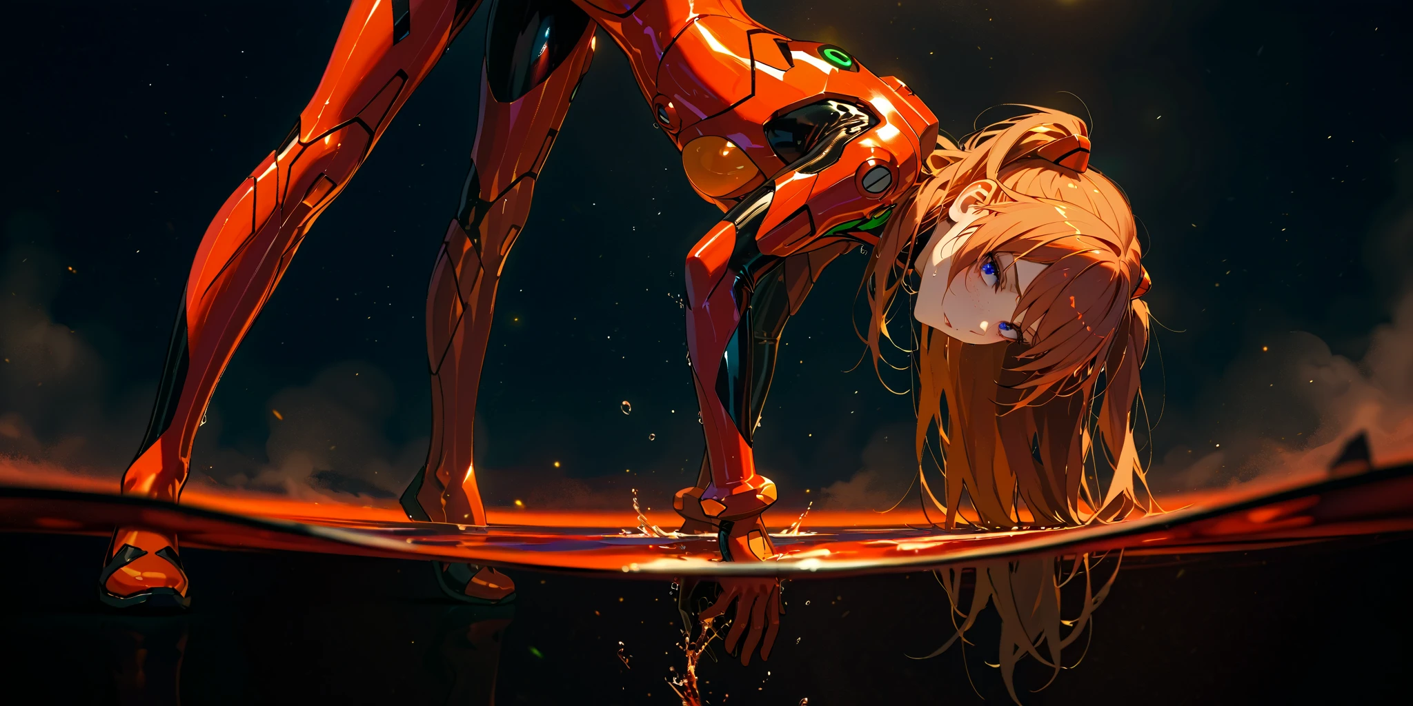 ( very detailed CG unity 8k wallpaper,masterpiece,  Asuka is standing on the far right of the image, while Eva-02 on the fall left in the background, standing, best quality, ultra-detailed),3d,a beautiful female model, transparent red bodysuit, slowly fading away, detailed face, beautiful eyes, full lips, long lashes, flowing hair, elegant pose, Under an empty night sky by the red sea, submerged legs,  Orange Hair , dramatic lighting, ethereal, Surreal, dreamlike, mist, Fog, shimmer, glowing, 8k, high-quality, cinematic, masterpiece,1girl, full body, back view, looking at viewer, ass,,shirogane, souryuu asuka langley, red brown hair, two side up, bangs, freckles, long hair, blue eyes, red sea, Eva-02 in the background on the far left, partially underwater shot, red water
