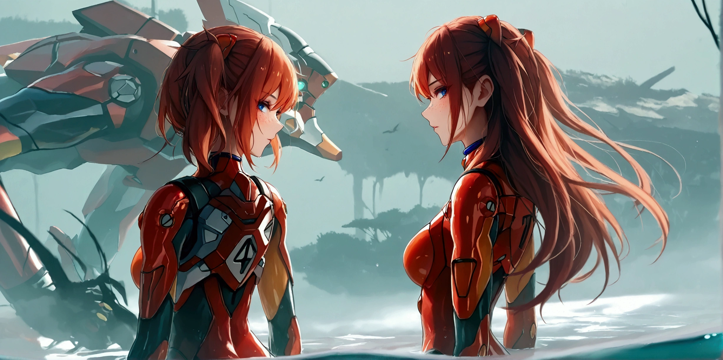 ( very detailed CG unity 8k wallpaper,masterpiece,  Asuka is standing on the far right of the image, while Eva-02 on the fall left in the background, standing, best quality, ultra-detailed),3d,a beautiful female model, transparent red bodysuit, slowly fading away, detailed face, beautiful eyes, full lips, long lashes, flowing hair, elegant pose, Under an empty night sky by the red sea, submerged legs,  Orange Hair , dramatic lighting, ethereal, Surreal, dreamlike, mist, Fog, shimmer, glowing, 8k, high-quality, cinematic, masterpiece,1girl, full body, back view, looking at viewer, ass,,shirogane, souryuu asuka langley, red brown hair, two side up, bangs, freckles, long hair, blue eyes, red sea, Eva-02 in the background on the far left, partially underwater shot, red water
