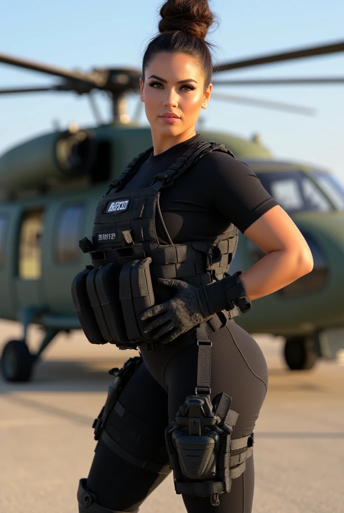 Full body photo of a curvy woman as ARMY MILF SOLDIER, WEARING (((FULL BLACK ARMY GEAR))), ((((DARK SMOKY EYE MAKEUP AND FALSE EYELASHES)))), COMBAT BOOTS, COMBAT GLOVES, KNEEPADS, CAMO PLATE CARRIER RIG, intricate details, POSING next to army helicopter in an airstrip, ((FLIRTATIOUS SARDONIC MOCKING GRIN)), ((HIGH BUN TIED HAIR)), SUNNY day scene, mature hourglass figure, look straight at camera, sexy 50 yo mature MILF, soft volumetric lights, intricate details, (ArtStation:1.2) sexy style