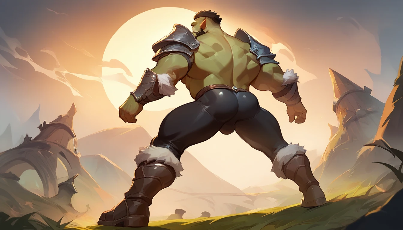 score_9, score_8_up, score_7_up, solo, male focus, muscle male, young , orc, green skin, tusks, beard, , micro armor , shoulder armor , outdoors , day , (( mive damaged black tight )) , full body , armor boots ,  , low-angle , backside , back side