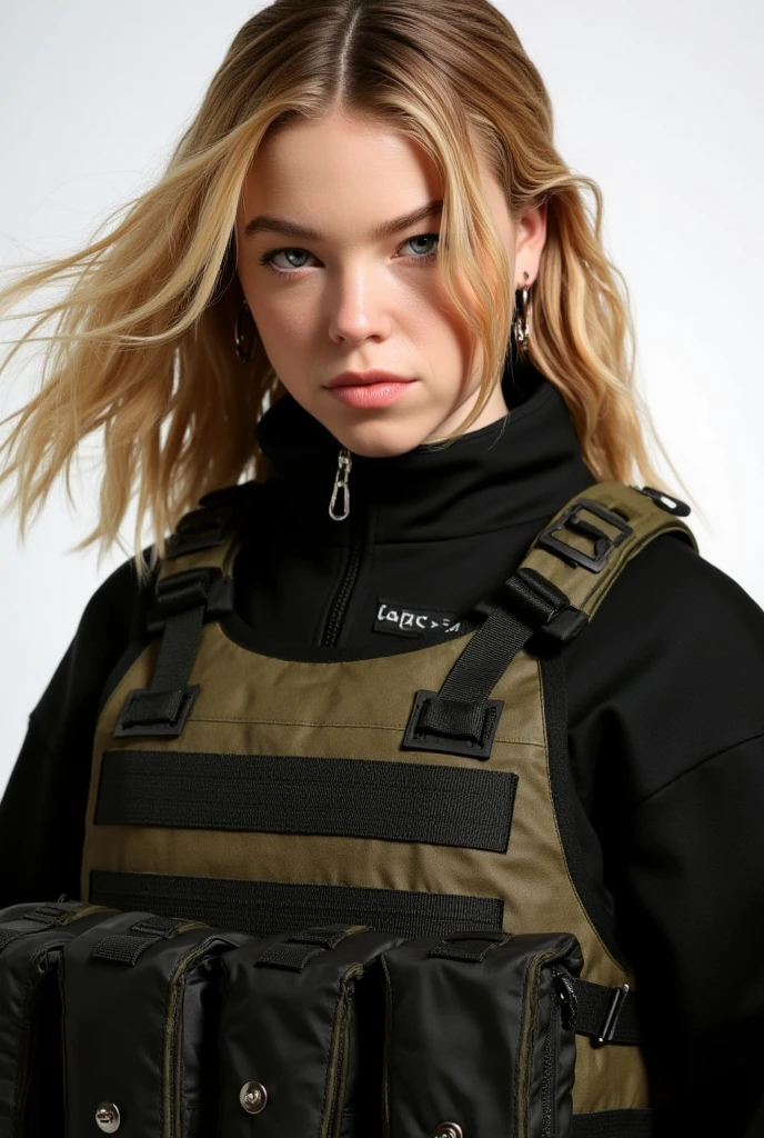 Milly Alcock, blonde hair, black zip-up pullover, army bulletproof plate carrier vest, tom clancy's ghost recon wildlands 