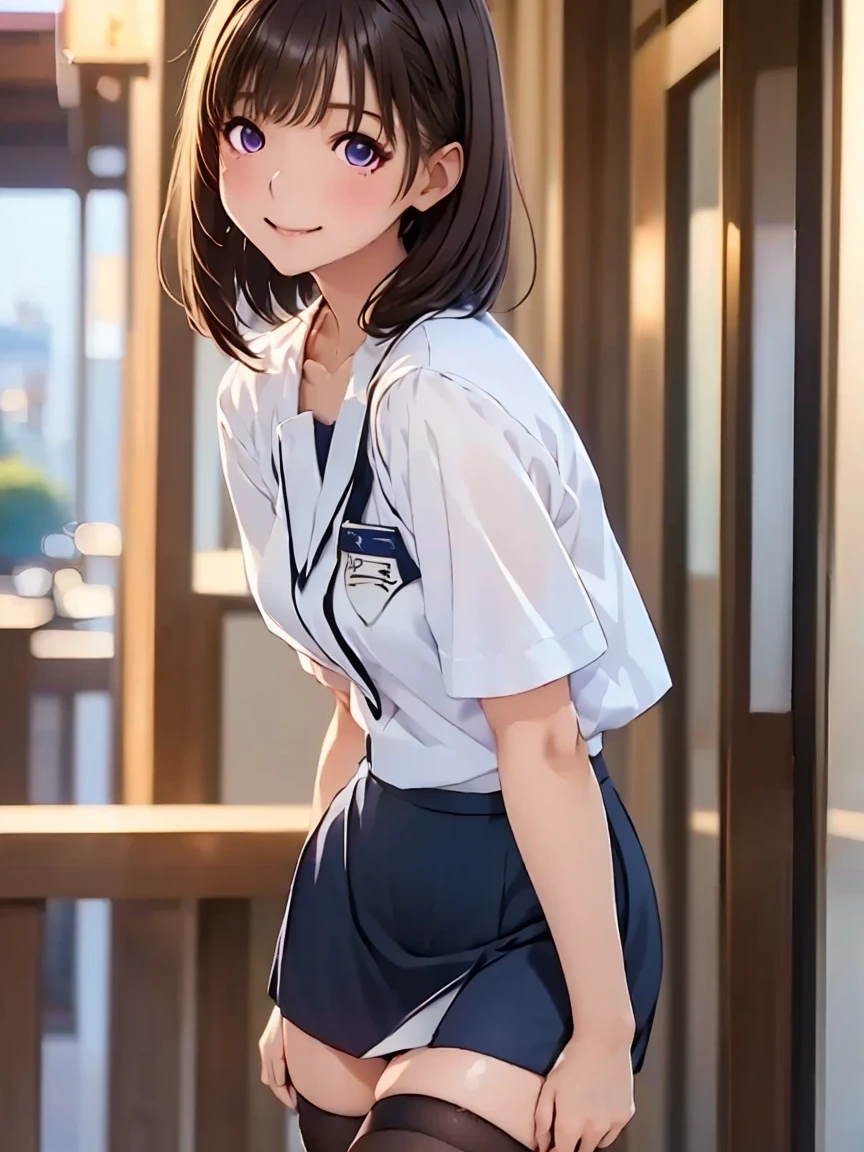    high res ,In 8K, best quality, Details, semi-realistic anime , D Anime Style , Smooth Anime CG , one girl, 19-year-old Japanese woman on a luxury liner , slim,modeling,((輝く瞳)),(Maroon Glowing Hair ), Shiny brown hair,((Short bob up to the cheek)), Detailsな顔,Beautiful and  Details,(( Deep Blue-Purple Sparkling Eyes )),( close your mouth),(Laughter),(( and turn around)),(Posing), ( White Cut & Sewn), skirt flip,( black stockings),( high heels),(((Crop Skirt))),(( Very Attractive Uniform  )), ((Curvy pose)), ( lean forward ),(( thighs)),