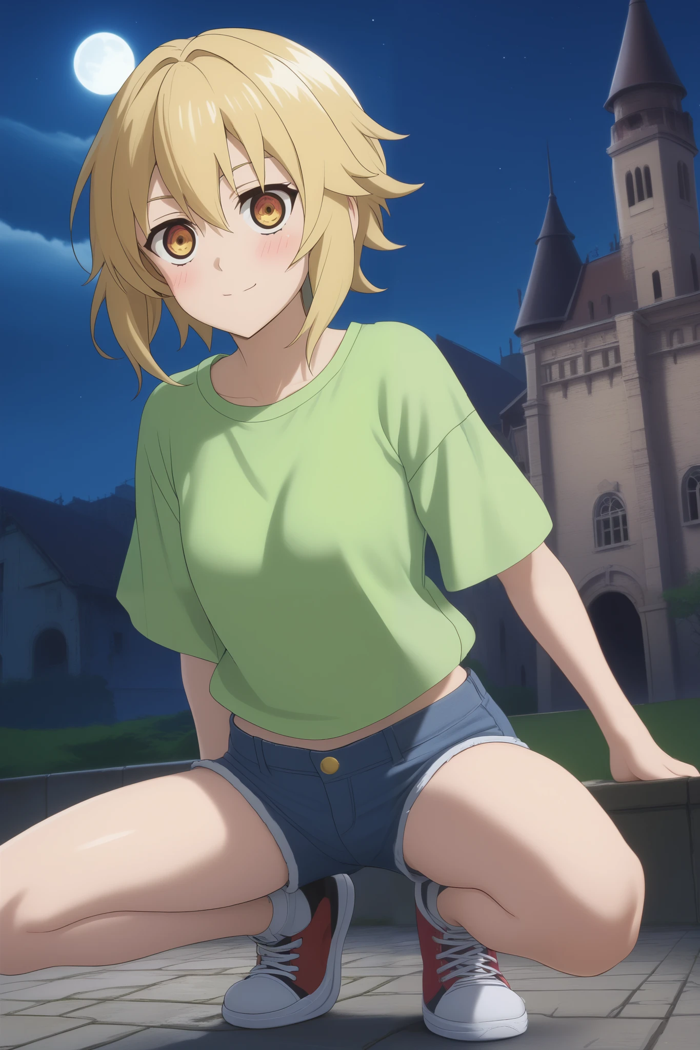 score_9, score_8_up, score_7_up, source_anime,    complex details   , (3d:0.4), ,  1 girl fights  ,    blonde   , One, female focus, светло-yellow hair,   amber eyes, большие  amber eyes  ,    short blond hair  ,    Hair between eyes ,  ,   short hair bob   , bam, yellow hair, smile, blushed, green oversized t-shirt,  breast,    thin waist,  short denim shorts ,   slender legs , Sneakers, sits on the steps of an abandoned castle,  an abandoned castle , Night, moon,  stars , dark, очень dark, darkness