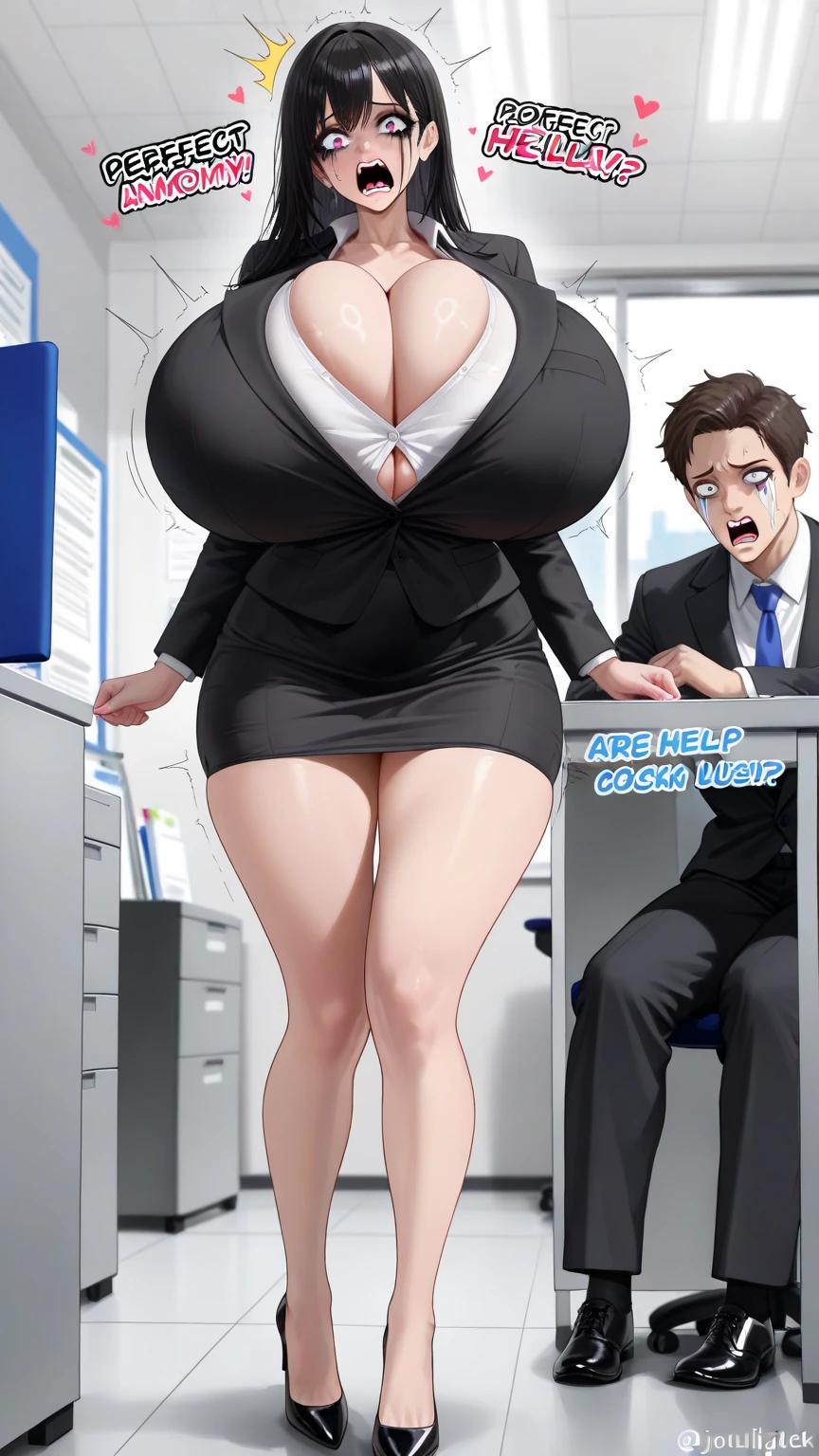 (date:20241228, By:JouliosJack) masterpiece,Super detailed,highest quality,(perfect anatomy:1.3),((office lady)), (black business suit jacket, white collared shirts, black tight skirt, high heels), ((gigantic breasts:1.3)),  big breasts, huge breasts cleavage, crisp chest, crisp chest, perfect legs, pain, Are crying, perfect mouth, perfect face, perfect eyes, perfect nose, embarrassing eyes, beautiful body, perfect eyes, beautiful eyes, huge breasts, perfect butt, perfect breasts, Shout for help, pain, Are crying, Flowing mascara, The perfect mouth for a girl, perfect body, 1 girl, forward-bent posture,