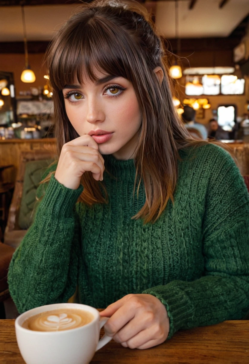 a beautiful 20 year old j0i woman,1 girl,beautiful detailed   greenish brown eyes,beautiful detailed lips,extremely detailed eyes and face,long eyelashes, hair with bangs, sitting at a cozy coffee shop table,holding a cup of coffee,wearing a sweater and jeans,(best quality,4k,8k,highres,masterpiece:1.2),ultra-detailed,(realistic,photorealistic,photo-realistic:1.37),portrait,warm lighting,soft colors,natural,inviting,comfortable,cozy,intimate,peaceful