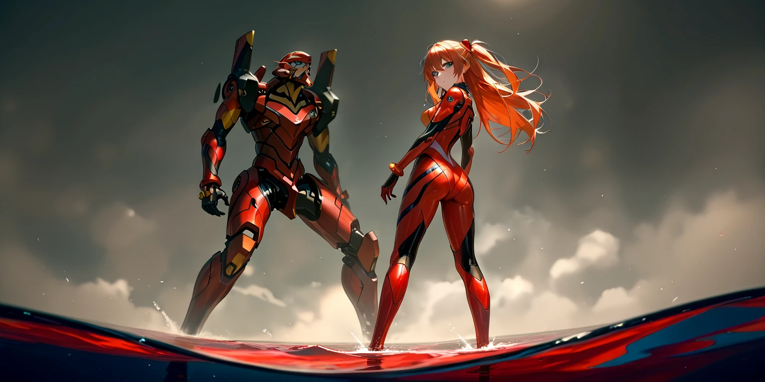 ( very detailed CG unity 8k wallpaper,masterpiece,  Asuka is standing on the far right of the image, while Eva-02 on the fall left in the background, standing, best quality, ultra-detailed),3d,a beautiful female model, transparent red bodysuit, slowly fading away, detailed face, beautiful eyes, full lips, long lashes, flowing hair, elegant pose, Under an empty night sky by the red sea, knees submerged,  Orange Hair , dramatic lighting, ethereal, Surreal, dreamlike, mist, Fog, shimmer, glowing, 8k, high-quality, cinematic, masterpiece,1girl, full body, back view, looking at viewer, ass,,shirogane, souryuu asuka langley, red brown hair, two side up, bangs, freckles, long hair, blue eyes, red sea, Eva-02 in the background on the far left, partially underwater shot, red water
