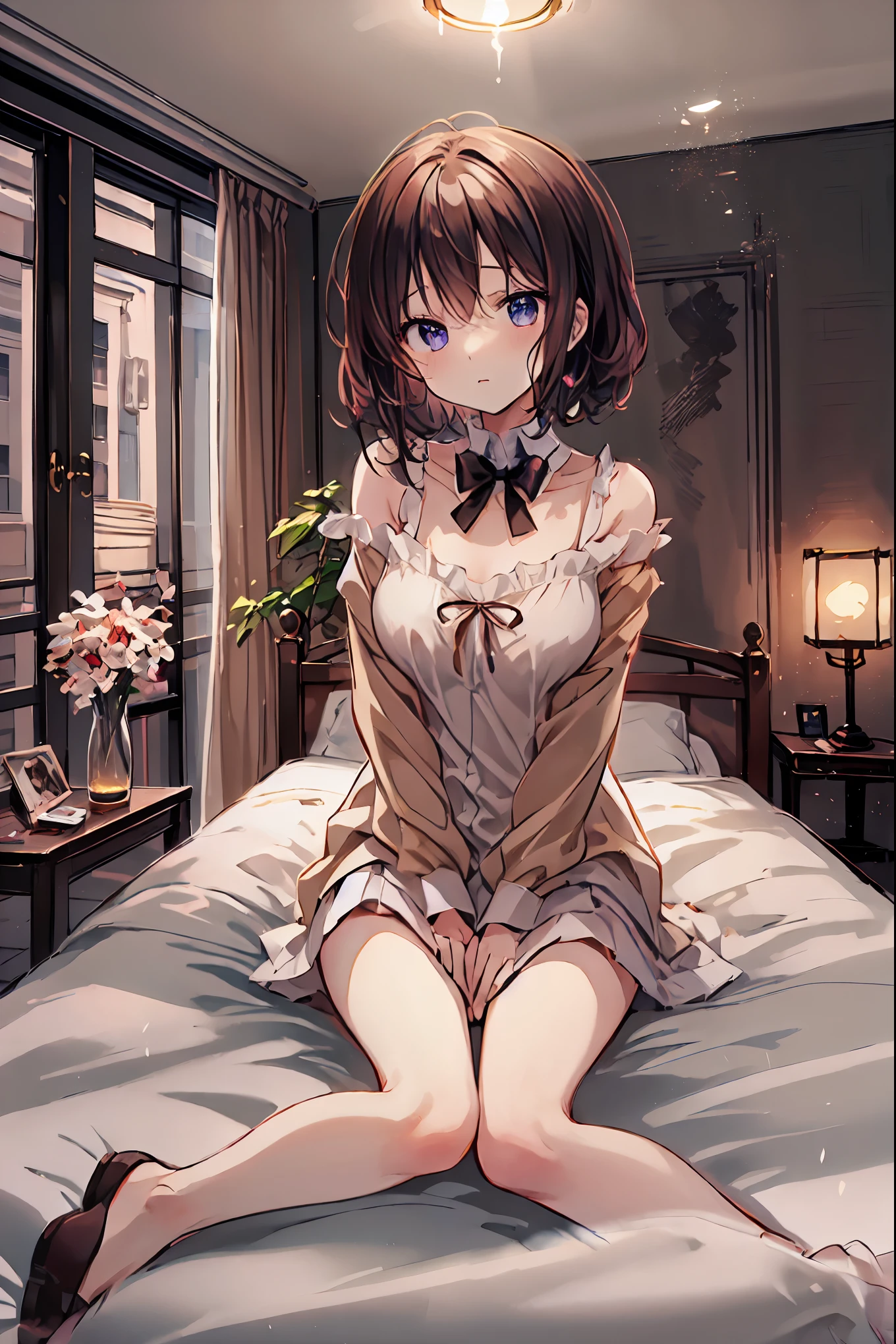 Anime girl sitting on bed with flower in hand - SeaArt AI