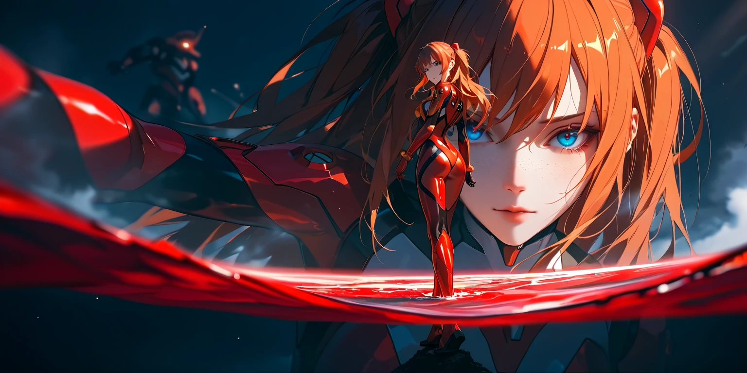 ( very detailed CG unity 8k wallpaper,masterpiece,  Asuka is standing on the far right of the image, while Eva-02 on the fall left in the background, standing, best quality, ultra-detailed),3d,a beautiful female model, transparent red bodysuit, slowly fading away, detailed face, beautiful eyes, full lips, long lashes, flowing hair, elegant pose, Under an empty night sky by the red sea, knees submerged,  Orange Hair , dramatic lighting, ethereal, Surreal, dreamlike, mist, Fog, shimmer, glowing, 8k, high-quality, cinematic, masterpiece,1girl, full body, back view, looking at viewer, ass,,shirogane, souryuu asuka langley, red brown hair, two side up, bangs, freckles, long hair, blue eyes, red sea, Eva-02 in the background on the far left, partially underwater shot, red water
