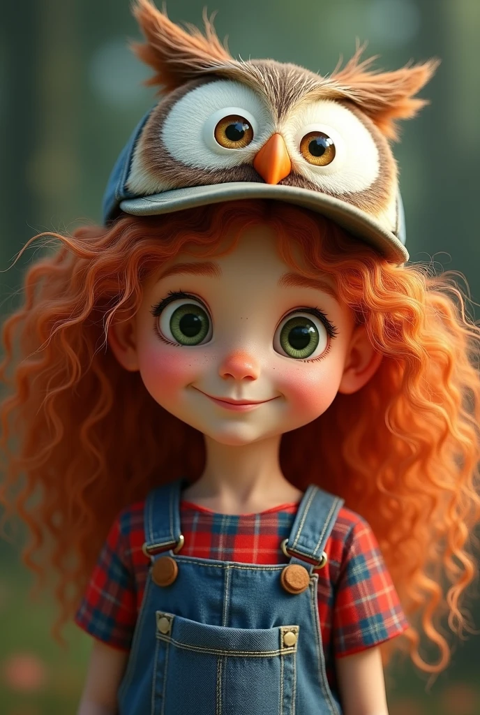 A character ,  A 5-year old  , curly red hair ,  with a cap with the face of an owl , blue and red plaid dress  ,  green eyes and a perky nose 