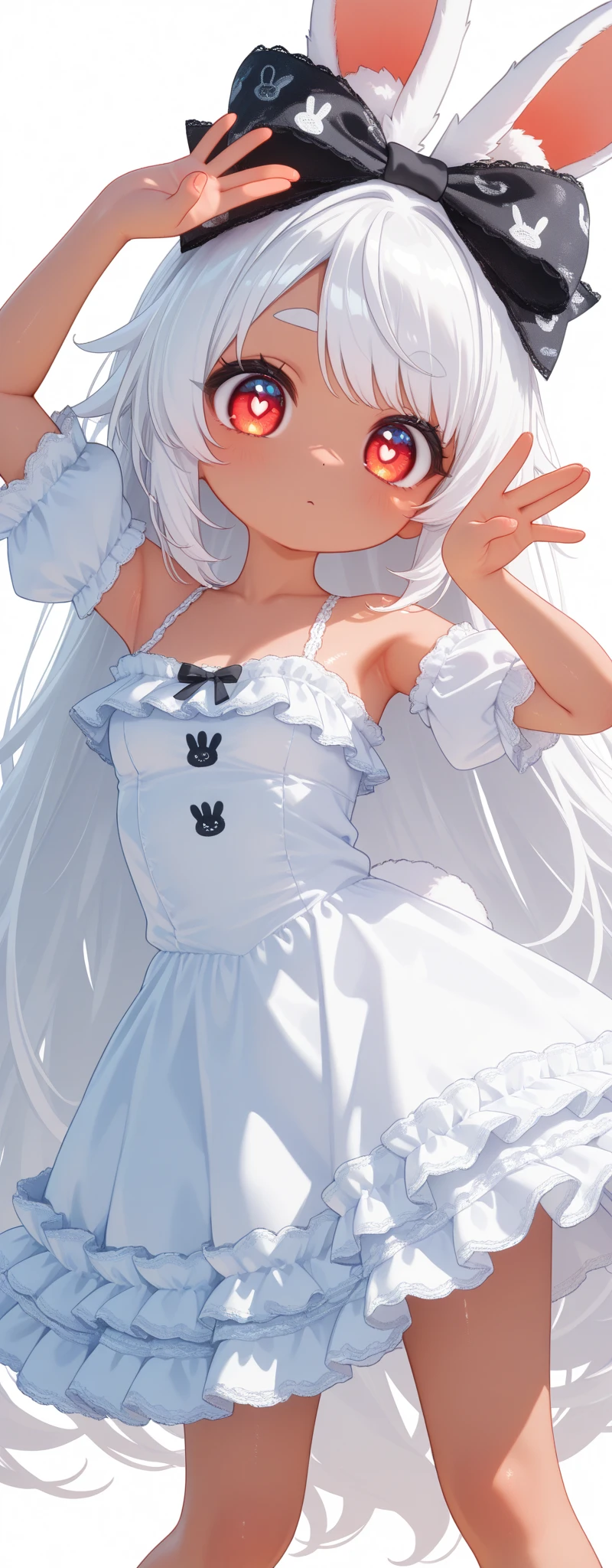 (solo:1.2),1girl\(chibi,cute,kawaii,(white hair:1.4),(very long hair:1.6),bangs,(ear\(fluffy,white,rabbit-ear\):1.4),red eye,big eye,beautiful shiny eye,detailed pupils,skin color white,big black hairbow,(white frilled silky dress:1.3),breast,cute pose,cute hand sign,korean idol pose,cute symbol in eye,\),colorful roses,beautiful water splash,beautiful day\),close-up girl,3d,(((dynamic pose))),masterpiece,best quality,newest,