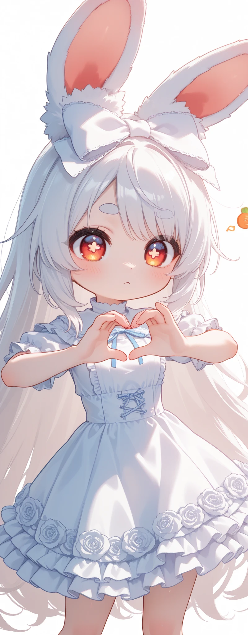 (solo:1.2),1girl\(chibi,cute,kawaii,(white hair:1.4),(very long hair:1.6),bangs,(ear\(fluffy,white,rabbit-ear\):1.4),red eye,big eye,beautiful shiny eye,detailed pupils,skin color white,big black hairbow\(with print\),(cute white frilled silky dress:1.3),breast,cute pose,cute hand sign,korean idol pose,(cute symbol mark in eye),wrist fur,rabbit-tail,shiny skin,shiny hair,full body,1r1d3sc3nc3, slightly (smile:0.5),looking away\),colorful roses petals, beautiful water drops,beautiful day,fairy tale atmosphere,close-up girl,3d,(((dynamic pose))),masterpiece,best quality,newest,dynamic angle