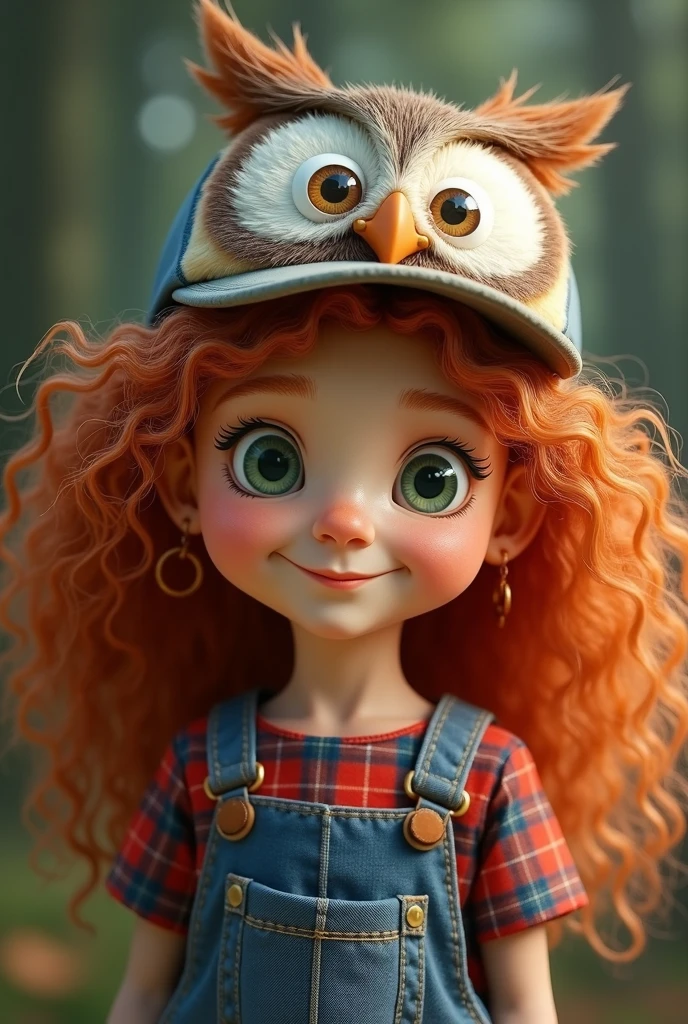 A character ,  A 5-********  , curly red hair ,  with a cap with the face of an owl , blue and red plaid dress  ,  green eyes and a perky nose 