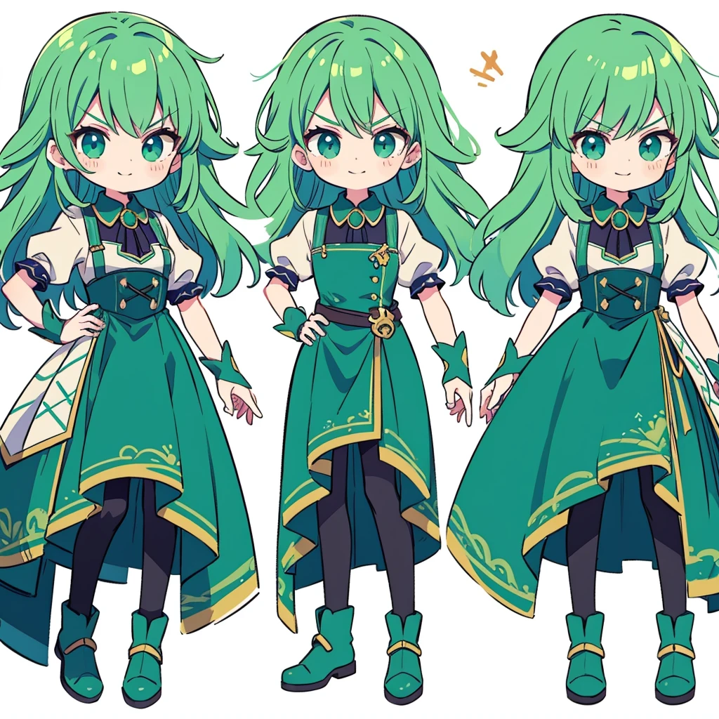 anime character with green hair and blue dress waving, lucio as a woman, sprite 2 d, 2 d sprite, sprite art, badass pose, fun pose, intimidating pose, portrait knights of zodiac girl, fight pose, made in rpg maker, very very low quality picture, menacing pose, dramatic smirk pose, cyan and green, knights of zodiac girl, ((character sheet)), full turnaround, white background