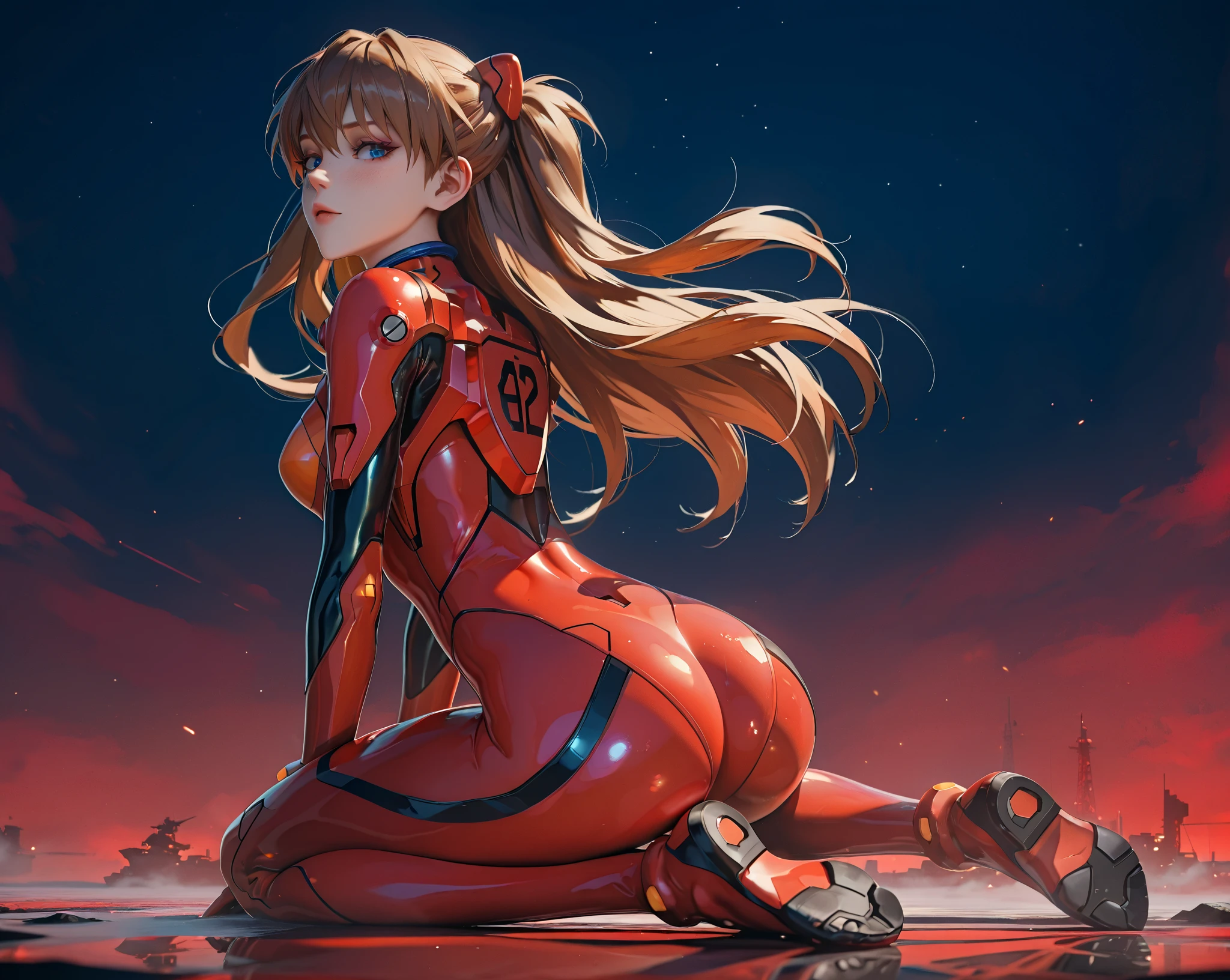 ( very detailed CG unity 8k wallpaper,masterpiece,  best quality, ultra-detailed),3d,a beautiful female model, transparent red bodysuit, slowly fading away, detailed face, beautiful eyes, full lips, long lashes, flowing hair, elegant pose, Under an empty night sky , by the sea,  Orange Hair , dramatic lighting, ethereal, Surreal, dreamlike, mist, Fog, shimmer, glowing, 8k, high-quality, cinematic, masterpiece,1girl, full body, back view, looking at viewer, ass,heavy bodyarmor,shirogane, souryuu asuka langley, brown hair, two side up, bangs, freckles, long hair, blue eyes, red sea, Eva-02 in the background, mad-bdyarmr,
