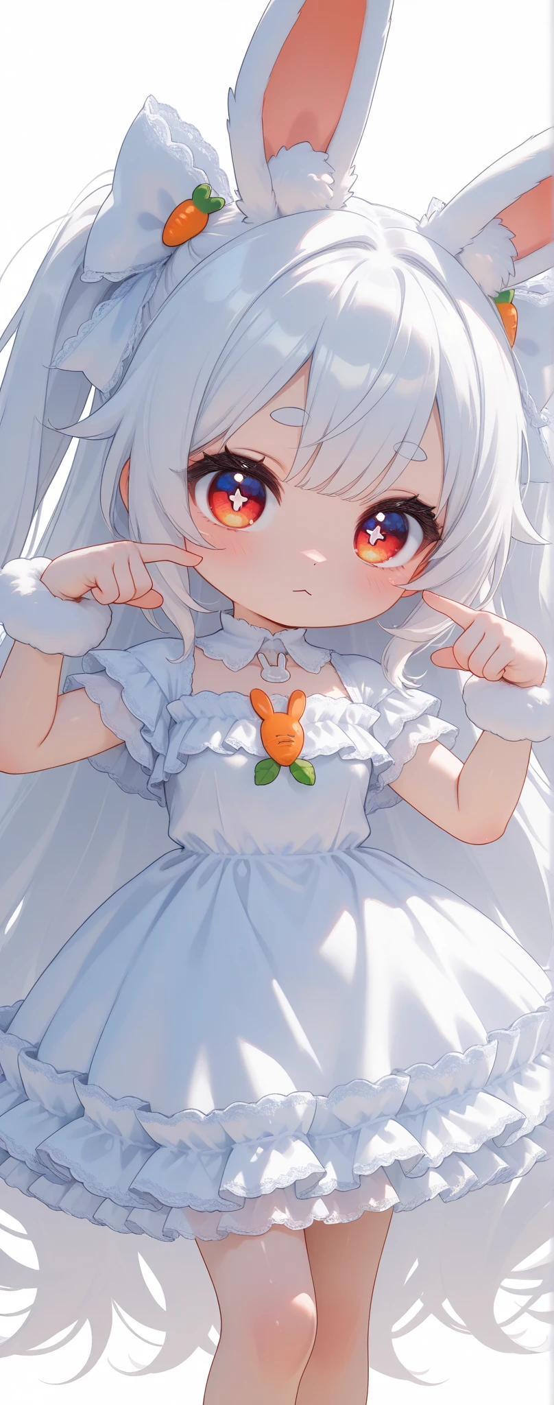 (solo:1.2),1girl\(chibi,cute,kawaii,(white hair:1.4),(very long hair:1.6),bangs,(ear\(fluffy,white,rabbit-ear\):1.4),red eye,big eye,beautiful shiny eye,detailed pupils,skin color white,big black hairbow,(white frilled silky dress:1.3),breast,cute pose,cute hand sign\),background\(colorful roses,by the beautiful lake,((beautiful sunny day))\),,close-up girl,3d,(((dynamic pose))),masterpiece,best quality,newest,