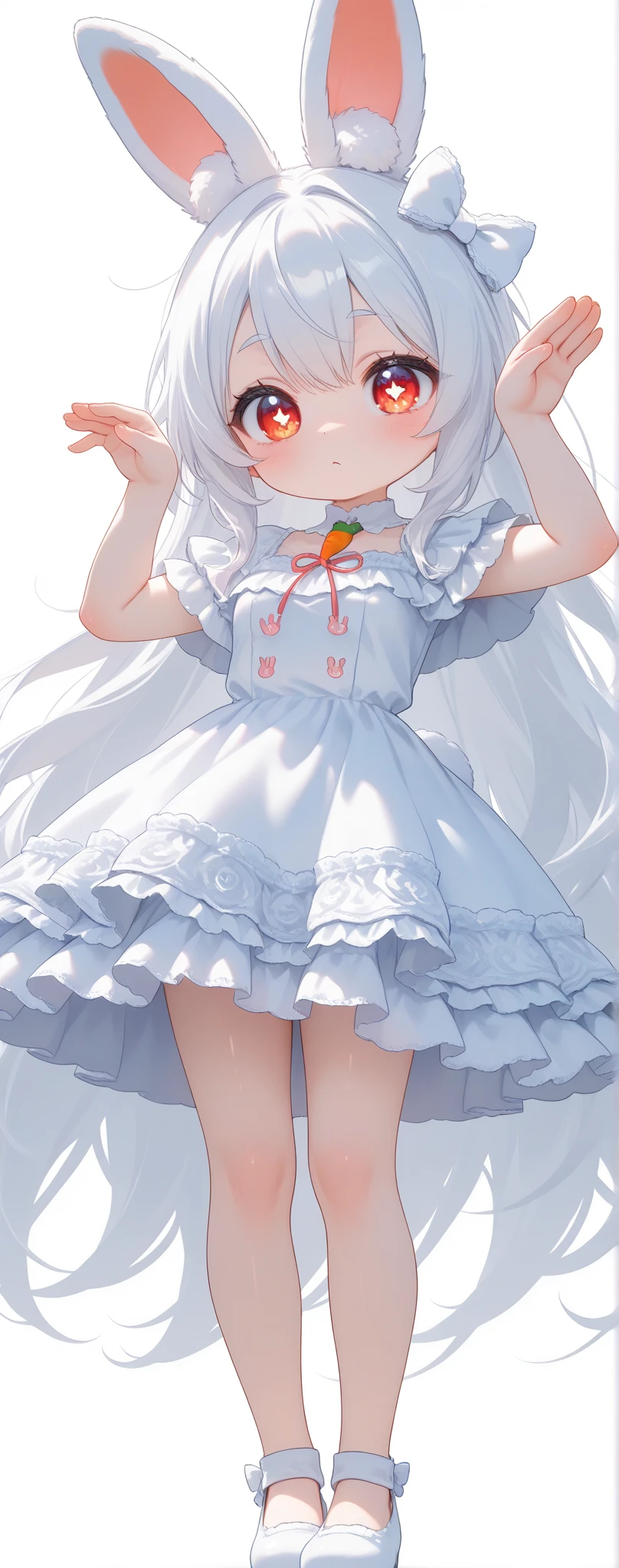 (solo:1.2),1girl\(chibi,cute,kawaii,(white hair:1.4),(very long hair:1.6),bangs,(ear\(fluffy,white,rabbit-ear\):1.4),red eye,big eye,beautiful shiny eye,detailed pupils,skin color white,big black hairbow,(white frilled silky dress:1.3),breast,cute pose,cute hand sign\),background\(colorful roses,by the beautiful lake,((beautiful sunny day))\),,close-up girl,3d,(((dynamic pose))),masterpiece,best quality,newest,