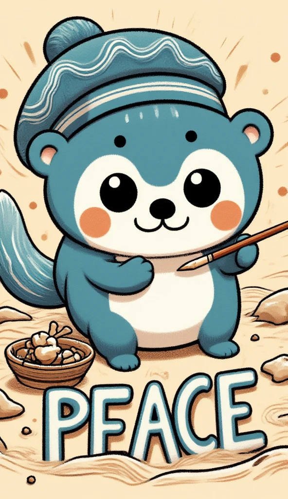 A flat adorable cartoon style illustration of a sea otter (blue fur, blue beret hat with wavy patterns, tail that looks like paintbrush) writing the word "PEACE" across the beach using its tail that looks like a paintbrush. top down view.