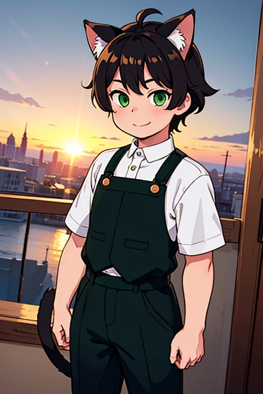 Great work, high detail, young shota boy's taste, facial expressions, messy hairstyle, cat ears, tail, detailed body, clothes, green eyes, smile, best quality, aperture, beautiful background, cinematic shot, sunset 