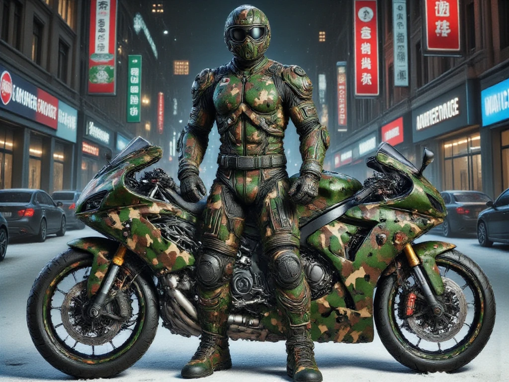 A full-body image of a muscular adult male dressed in military tactical gear, wearing a camouflage leather full-body suit, camouflage mask and camouflage Racing Boots. The sleek leather outfit provides full coverage, exuding a dark and intense atmosphere. The scene is illuminated by low light, casting dramatic shadows that enhance the mysterious and powerful presence. He stands beside a heavy-duty military camouflage 1000cc Sportbike , ready for action, in a futuristic cyberpunk city street filled with neon lights and advanced technology. The composition emphasizes his commanding stance and the tactical precision of his gear, blending a sleek, futuristic aesthetic with a gritty, law enforcement vibe.,future army,Racing Helmet,army green camouflage.snow.Christmas