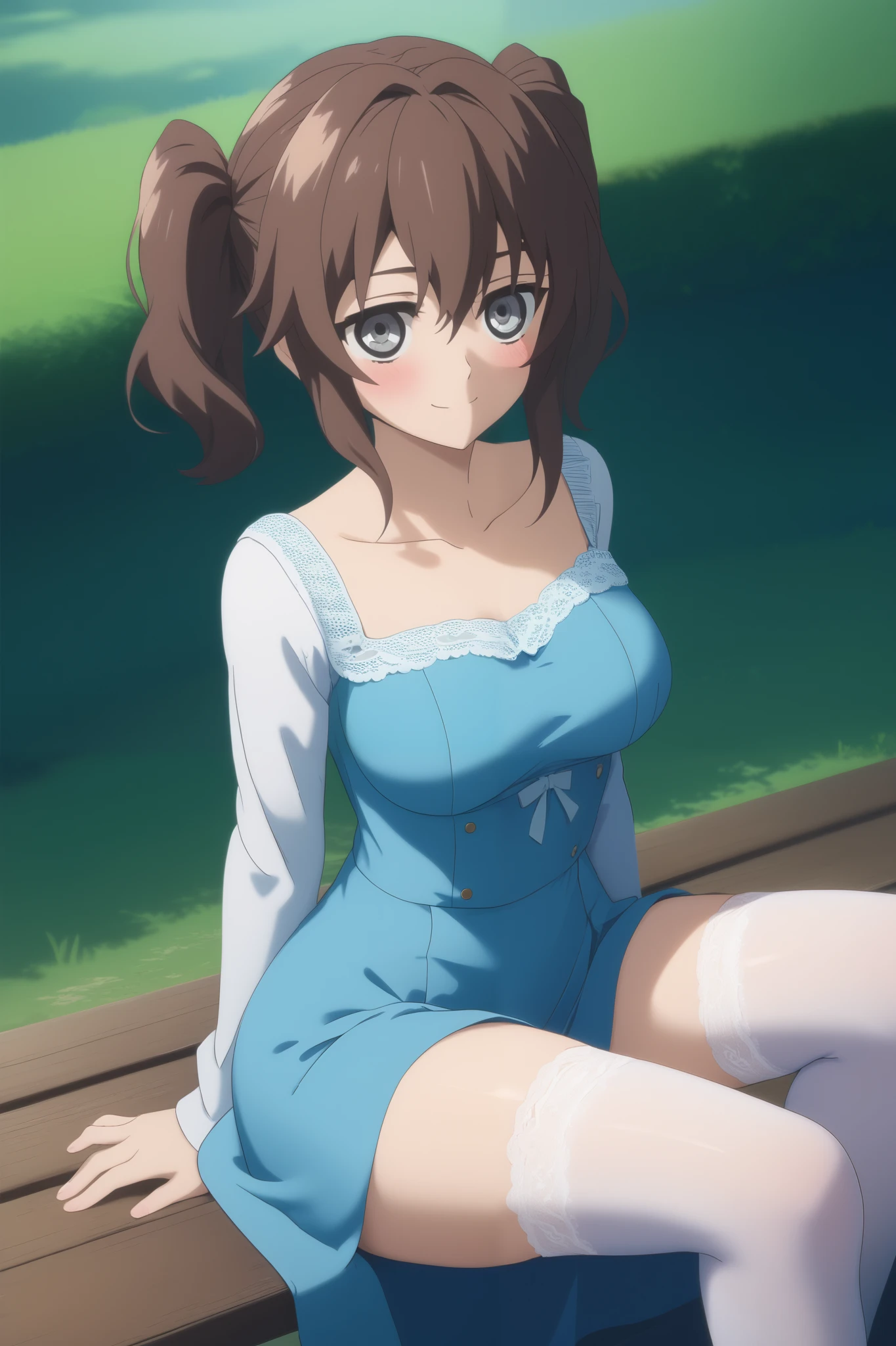 score_9, score_8_up, score_7_up, source_anime,    complex details   , (3d:0.4), ,   1 tall adult girl in her twenties , One, female focus,  brown hair,   grey eyes , большие  grey eyes , длинные  brown hair заплетены в два больших высоких хвоста на голове, hair tails on the head ,  Hair between eyes,  brown hair, smile, blushed, lace blue dress ,  big breasts ,  thin waist,  slender legs , stockings, shoes, lace, blue summer dress ,  sits on a park bench 