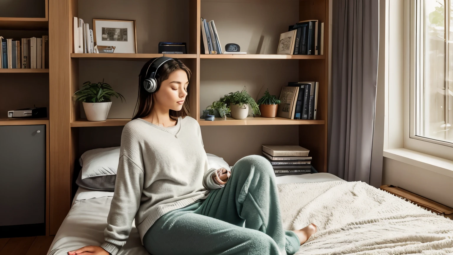 high-resolution, ultra-realistic, 4K, cinematic image of a serene living room bathed in warm sunlight, where a content-looking woman with a gentle smile, wearing a cozy sweater and comfortable leggings, casually folds laundry while listening to Audible through her headphones, completely engrossed in the audio book, transforming her once dreaded daily tasks into a peaceful and enjoyable experience.