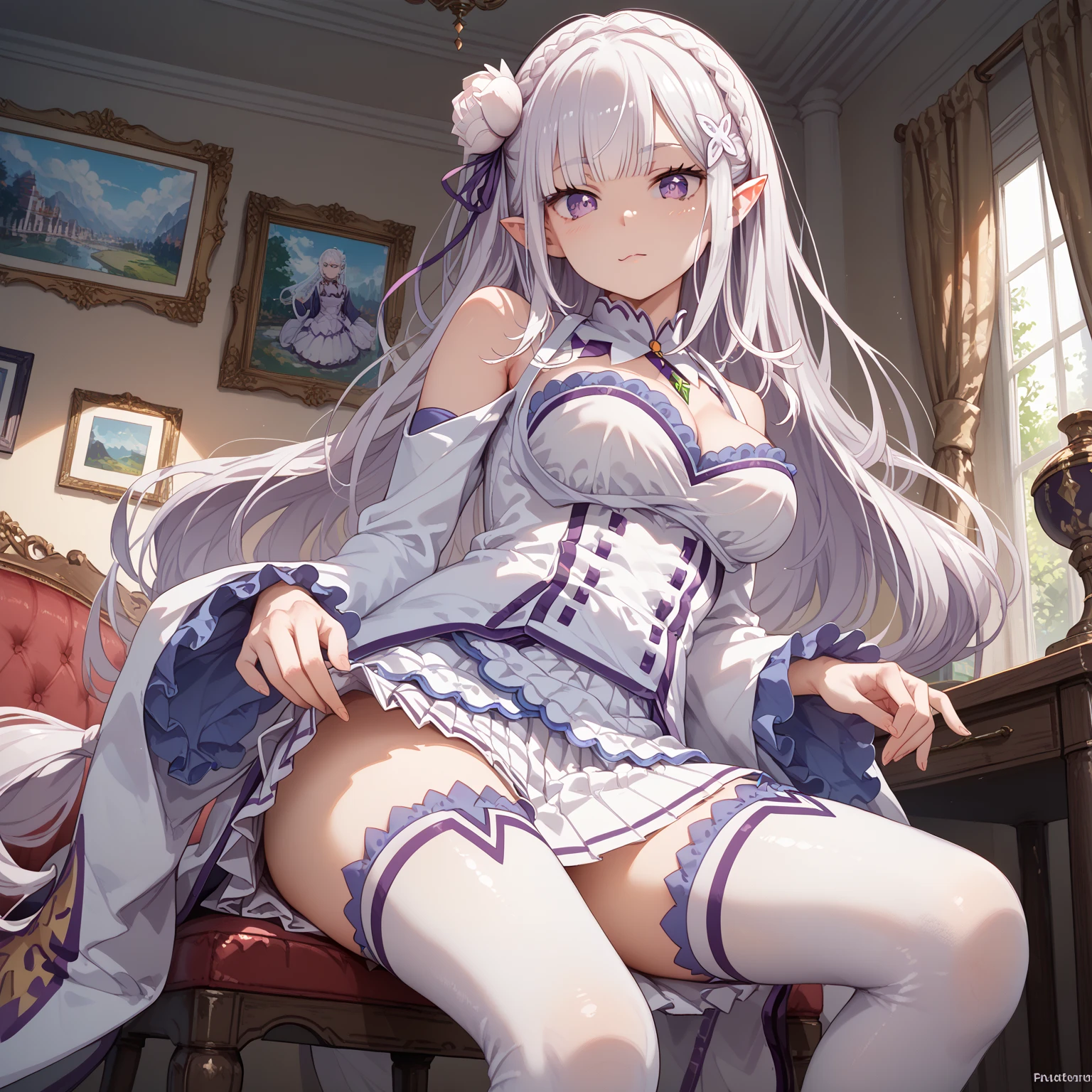 emilia, purple eyes, white hair, long hair, blunt bangs, hair ornament, braid, hair flower, pointy ears, bare shoulders, boots, cleavage, detached sleeves, green gemstone, long sleeves, pleated skirt, tailcoat, thigh boots, thighhighs white skirt, white thighhighs, wide sleeves, frills, Sit, Room, Displeased face, Beautiful view, good atmosphere