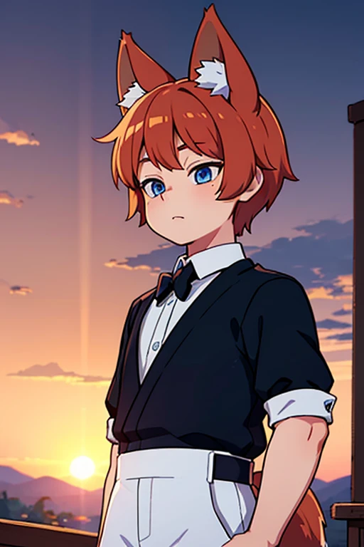 Great work, high detail, young shota boy's taste, facial expressions, short hairstyle, fox ears, tail, detailed body, clothes, blue eyes, anxiety, lens aperture, best quality, beautiful background, cinematic shot, sunset 