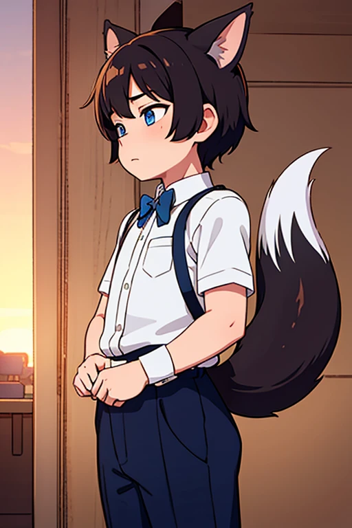 Great work, high detail, young shota boy's taste, facial expressions, short hairstyle, fox ears, tail, detailed body, clothes, blue eyes, anxiety, lens aperture, best quality, beautiful background, cinematic shot, sunset 