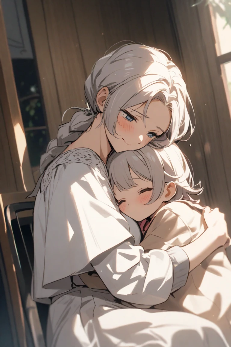 A beautiful young woman，28-year-old beauty，long white-blond hair，Wearing a pearl-colored silk dress，Beautiful close-up of facial features，Tired and haggard，He was holding the child in his arms and closing his eyes and praying。