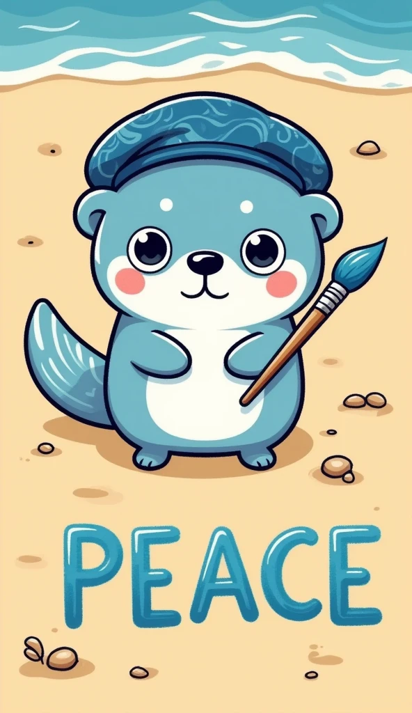 A cartoon style illustration of a sea otter (blue fur, adorable, mischievous smile, deep blue beret hat with blue and white wavy patterns, tail with a colorful tip) writing the word "PEACE" across the beach using its tail. top down view.