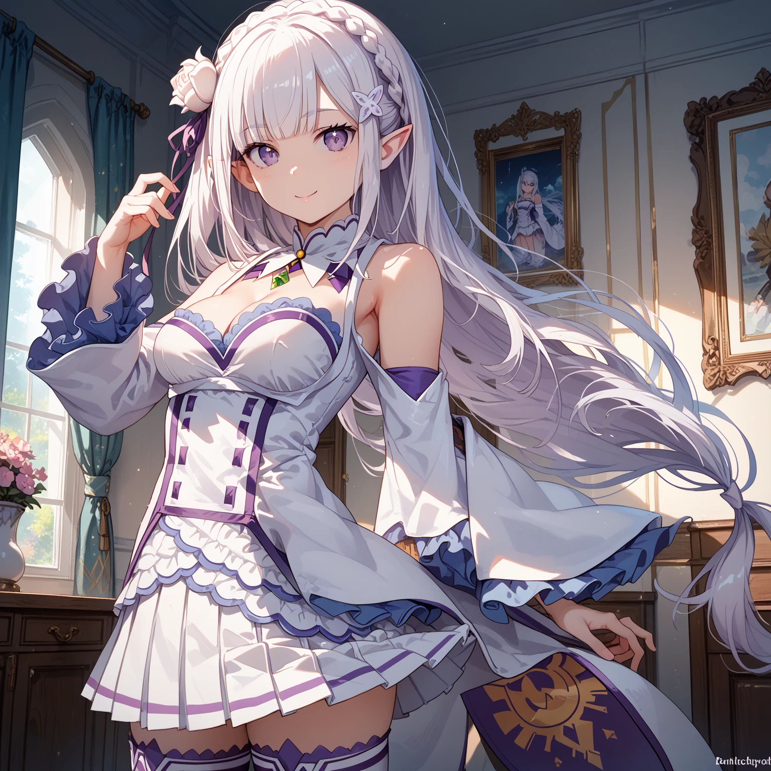 emilia, purple eyes, white hair, long hair, blunt bangs, hair ornament, braid, hair flower, pointy ears, bare shoulders, boots, cleavage, detached sleeves, green gemstone, long sleeves, pleated skirt, tailcoat, thigh boots, thighhighs white skirt, white thighhighs, wide sleeves, frills, stand, Confident pose, Room, Displeased face, Beautiful view, good atmosphere, Thigh