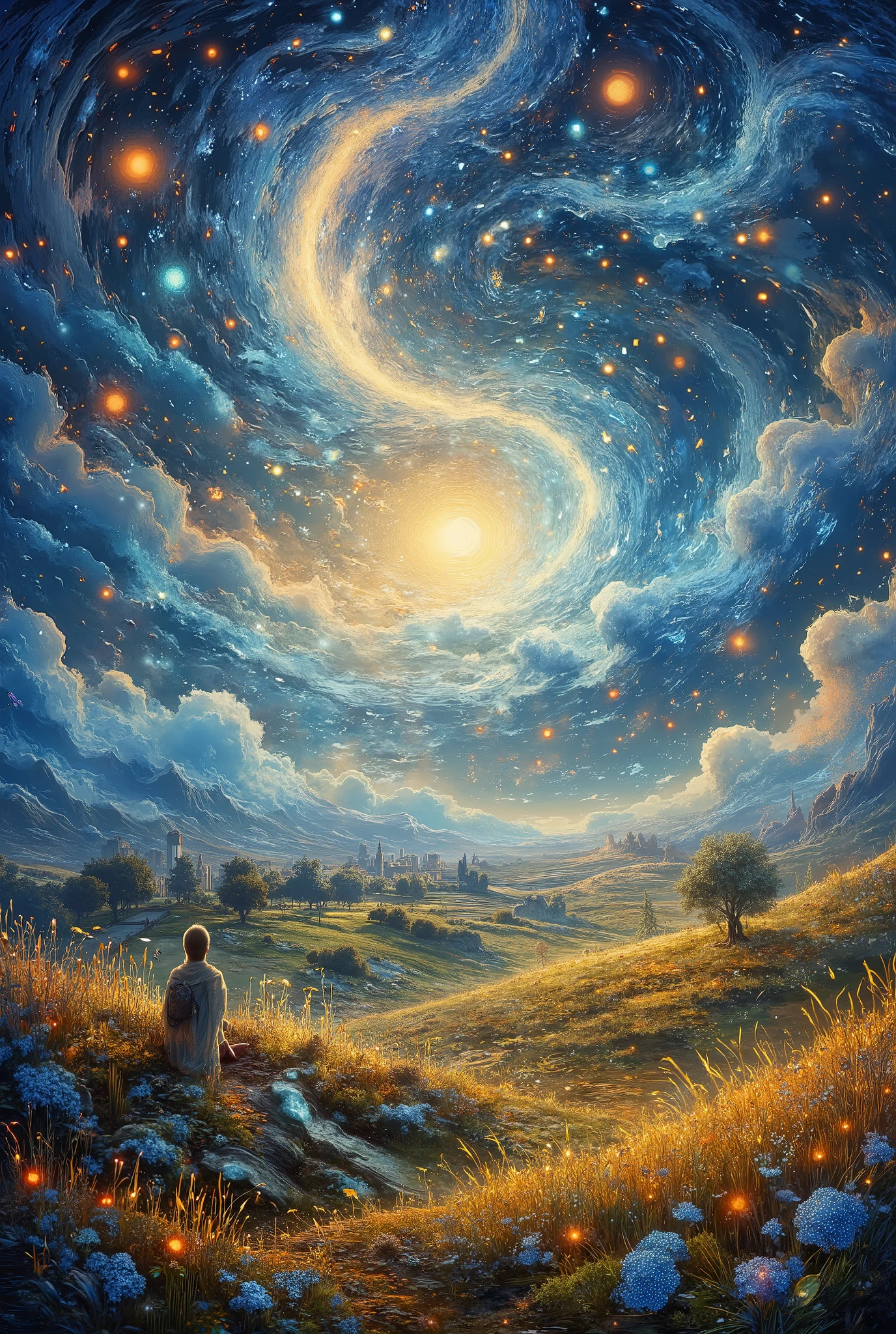 photograph of extensive landscapes , open sky blue ,baiyun( looking from the bottom up ,Above is the sky, Below are the open fields .), There are many beautiful flowers ( Full Moon:1.2), break the art,(Warm light source:1.2),, Lots of purples and oranges , Tricky details ,Volumetric Lighting( masterpiece:1.2),( best quality),4k,ultra-detallado,( dynamic combination :1.4),rich in detail many colors ,( iridescent color :1.2),(bright light, ambient lighting ),dream magic, magic,(alone:1.2)golden golden light,Many lotuses