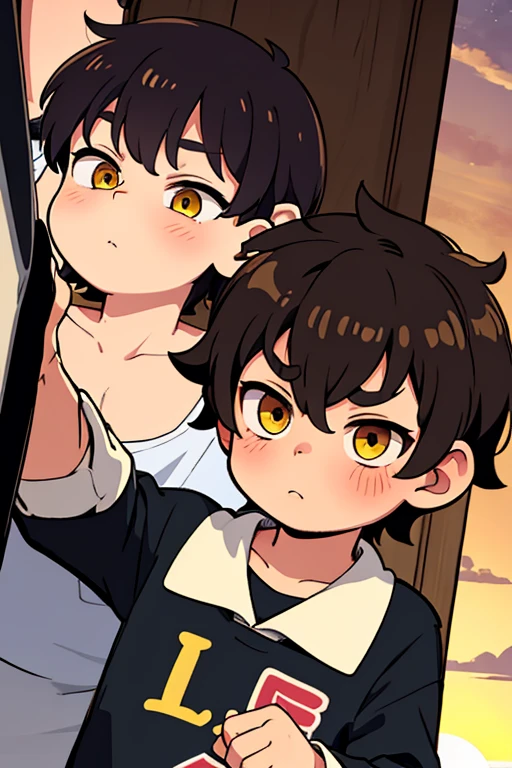 Small shota boy, facial expressions, messy hairstyle, detailed body, clothes, yellow eyes, high quality, sunset style 