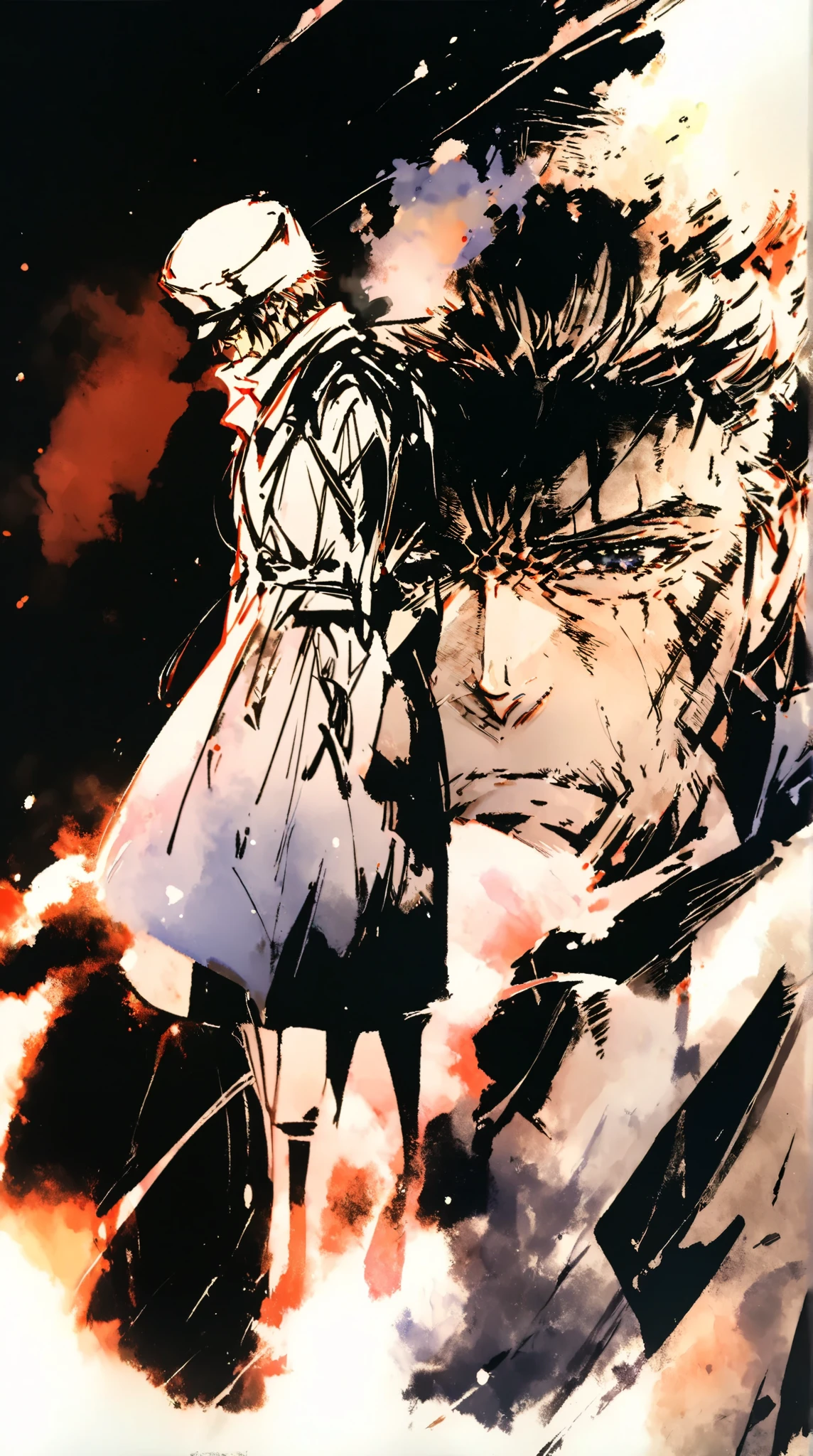 score_9, score_8_up, score_7_up, score_6_up, masterpiece, best quality, watercolor, double exposure, man, solo, full body, trench coat, long scarf flying in the air, ushanka hat, fur hat, looking down, cold breath, night, dim, simple background \(face of a man\),