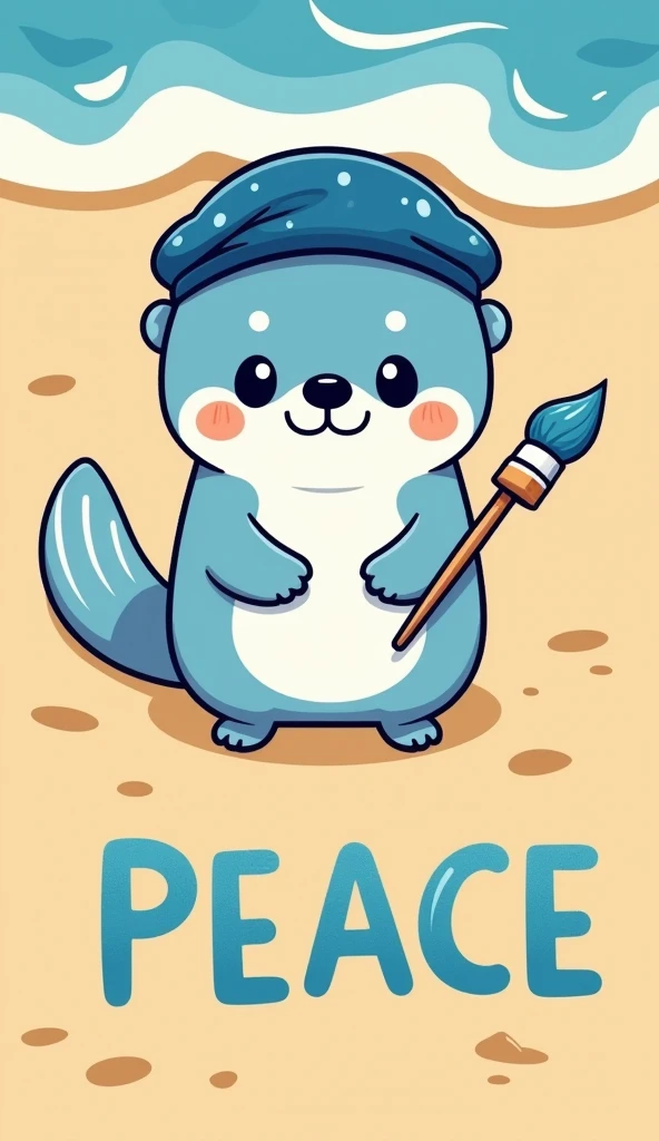 A flat adorable cartoon style illustration of a sea otter (blue fur, blue beret hat with wavy patterns, tail that looks like paintbrush) writing the word "PEACE" across the beach using its tail that looks like a paintbrush. top down view.