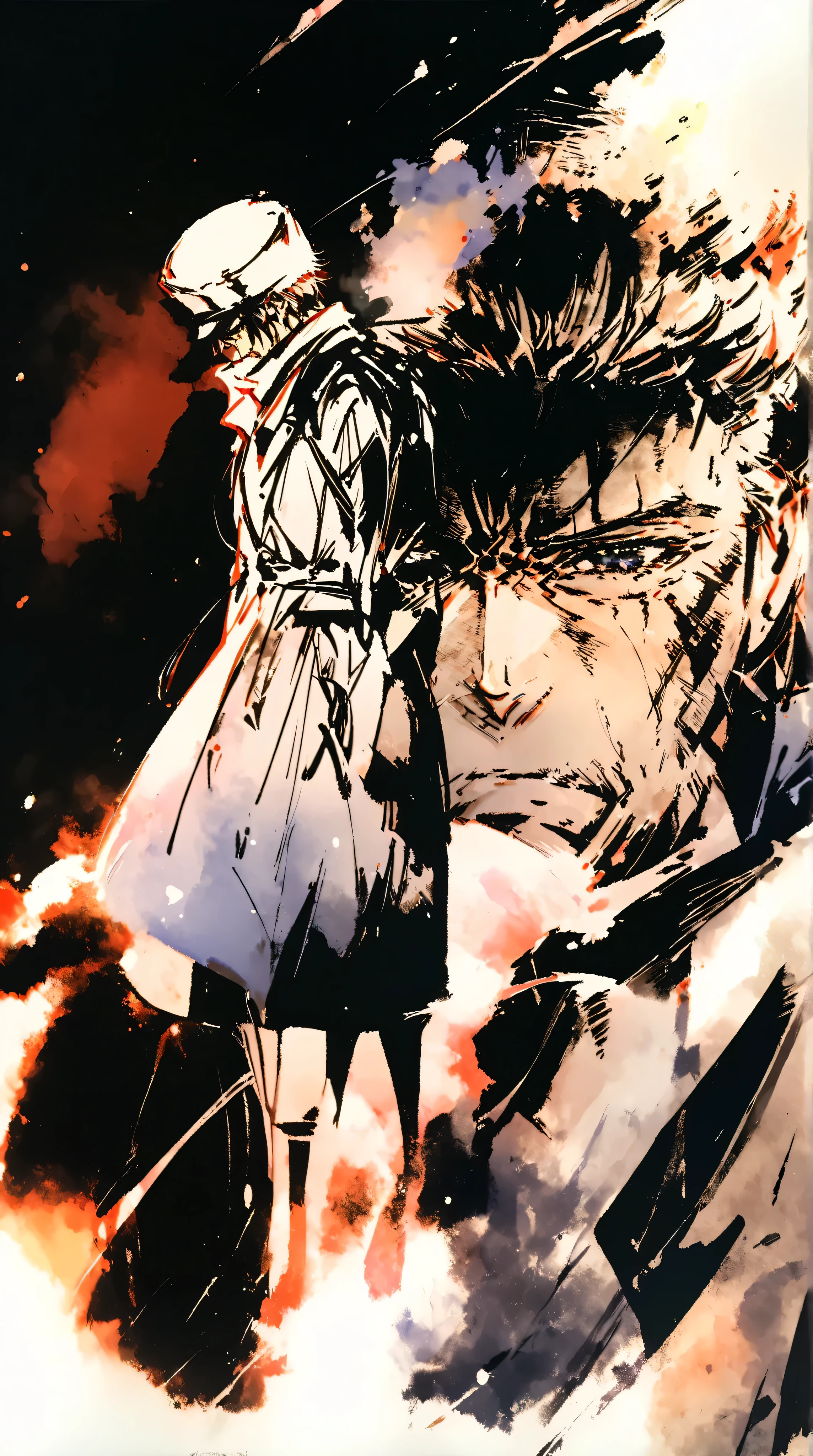 score_9, score_8_up, score_7_up, score_6_up, masterpiece, best quality, watercolor, double exposure, man, solo, full body, trench coat, long scarf flying in the air, ushanka hat, fur hat, looking down, cold breath, night, dim, simple background \(face of a man\),