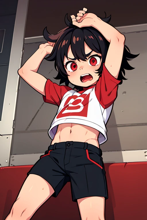 Little shota boy, facial expressions, messy hairstyle, detailed body, clothes, red eyes, screaming, art of speech, best quality 