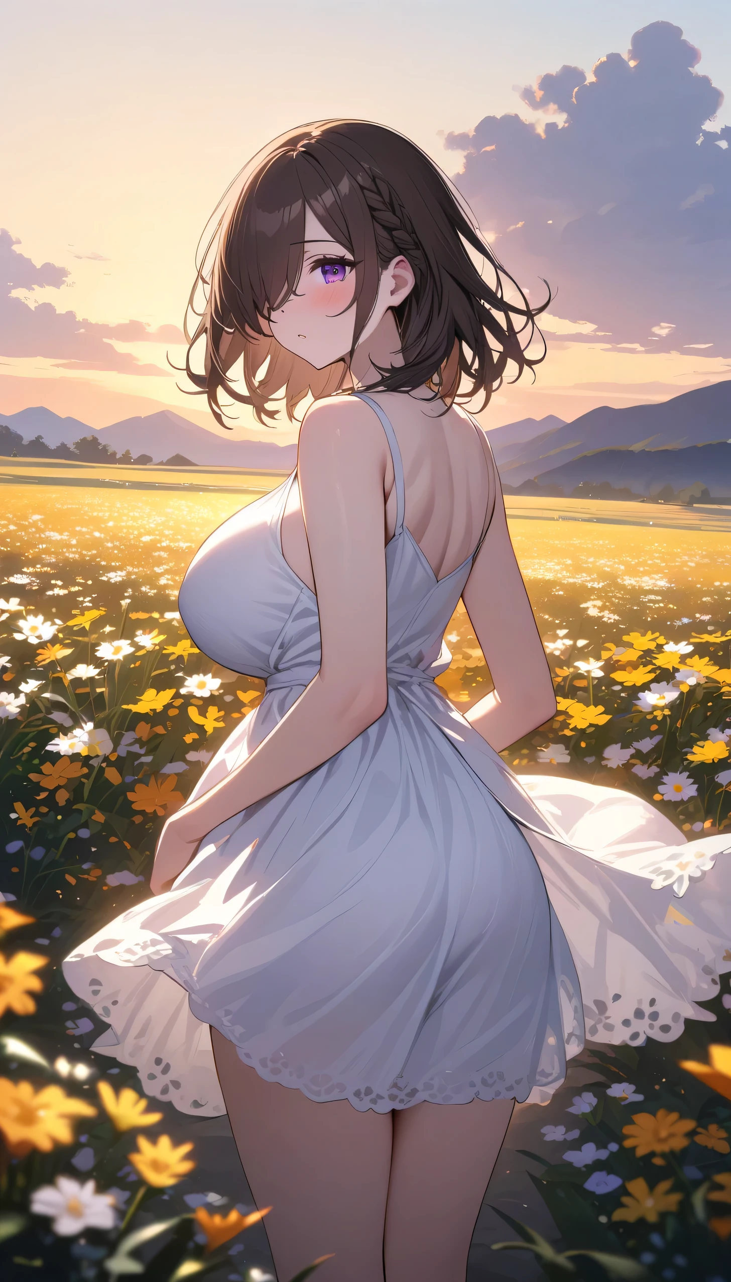 (Highest quality,4K,8K,High resolution,masterpiece:1.2),ultra-detaileded,(Highest quality,practical:1.2),Lovely lady, Huge breasts,Great cleavage, Her cleavage was exposed.,Flower Field,Transparent floral summer dress,sunset,play,joy,beauty,,Portraiture,Soft lighting,Vibrant colors, Human Development Report, 8K, Absurd, Cinestill 800, Clear focus, Add to_detailed:2, Ultra HD | | | ((Full Body Shot)) Add to_detailed:2 (1 female, Lonely)