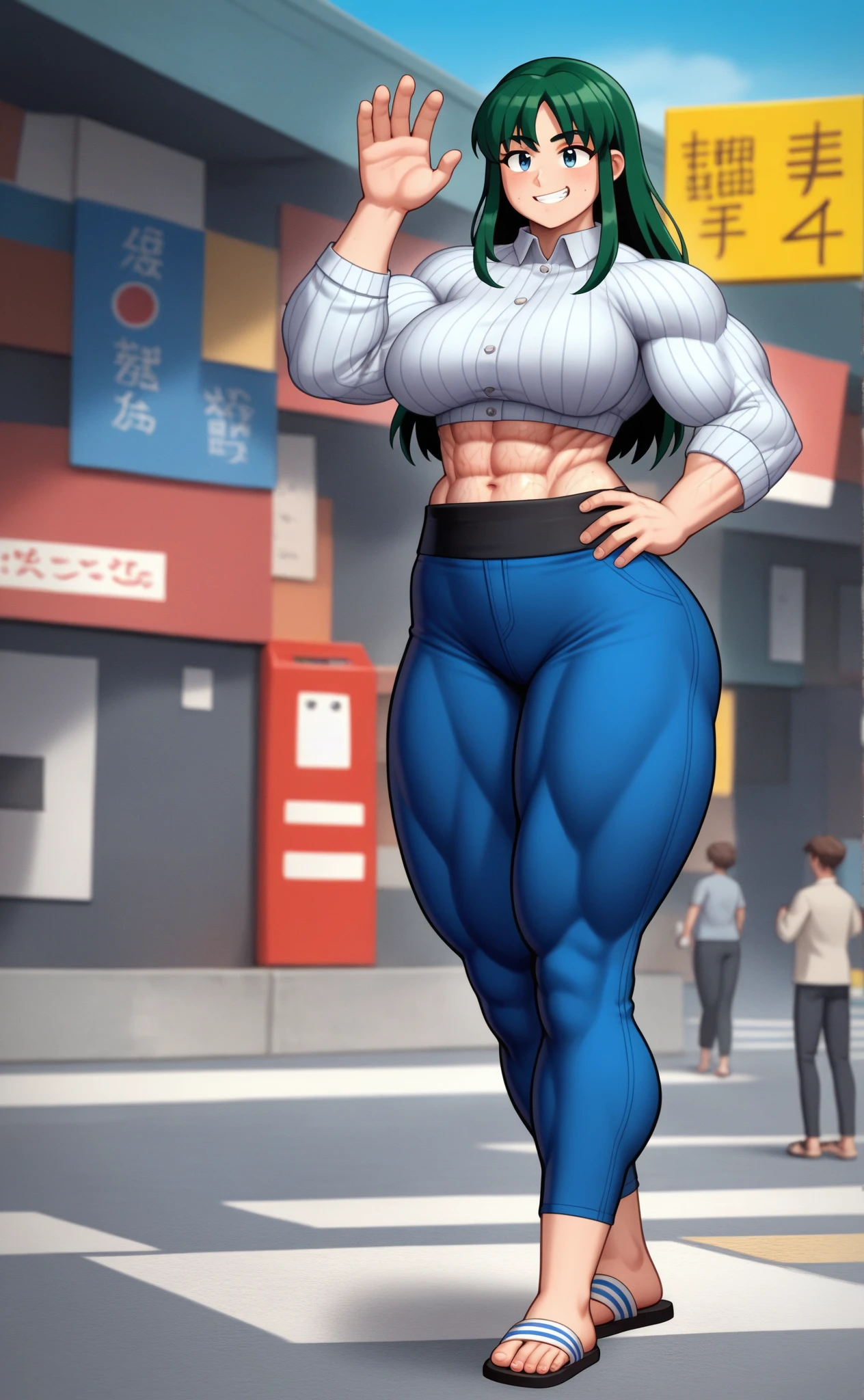 Woman, 21 years old. 1.83m tall, 97kg weight. Wavy black hair with dark green highlights. Mixed Armenian and Chilean heritage. Long legs. Long arms. Very large hands and feet. Thick thighs with firm hip abductor and hip adductor muscles. Pert glutes. Large triceps, slightly pudgy upper arms. Enormous, elongated but very perky breasts. Breasts set far apart. Recent growth spurt. Fresh stretch marks on legs, arms, breasts. Undersized blouse and cropped blazer, tight royal blue capri pants. Strappy leather sandals. Haughty, aloof expression. Long face with full cheeks, prominent cheekbones. Walking in a public plaza. Full body portrait.