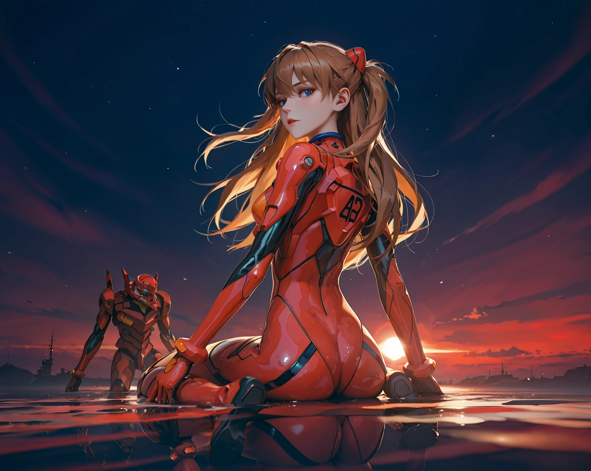 ( very detailed CG unity 8k wallpaper,masterpiece,  best quality, ultra-detailed),3d,a beautiful female model, transparent red bodysuit, slowly fading away, detailed face, beautiful eyes, full lips, long lashes, flowing hair, elegant pose, Under an empty night sky , by the sea,  Orange Hair , dramatic lighting, ethereal, Surreal, dreamlike, mist, Fog, shimmer, glowing, 8k, high-quality, cinematic, masterpiece,1girl, full body, back view, looking at viewer, ass,heavy bodyarmor,shirogane, souryuu asuka langley, brown hair, two side up, bangs, freckles, long hair, blue eyes, red sea, Eva-02 in the background, red water, partially submerged
