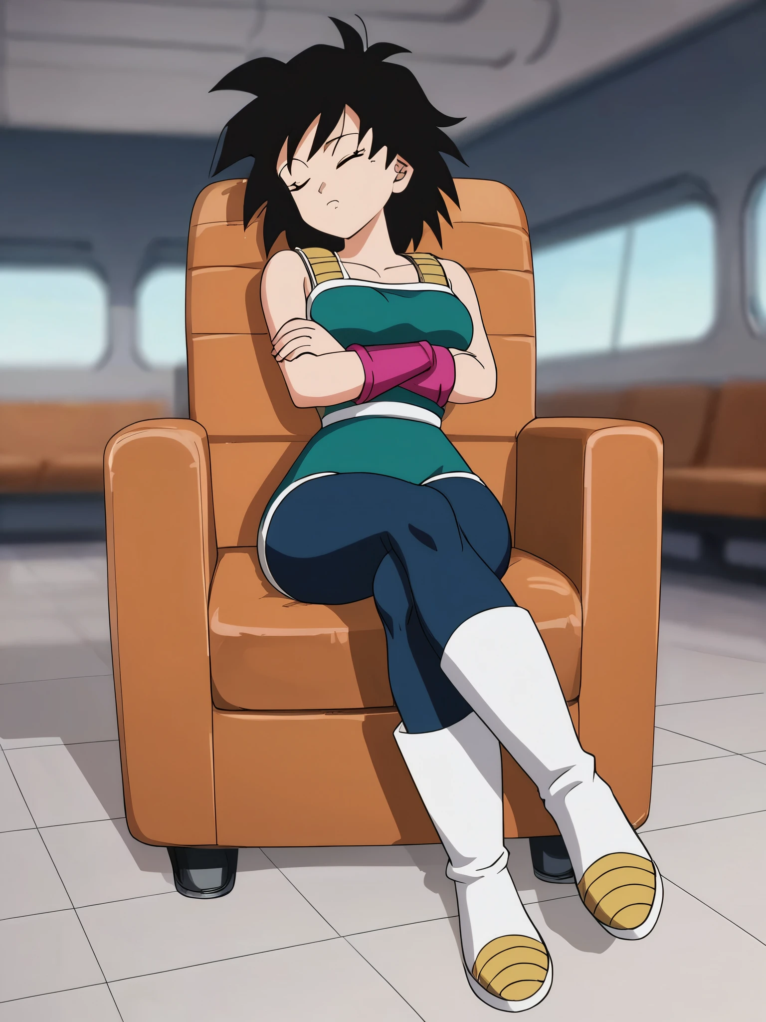 source_anime, score_9, score_8_up, score_7_up, anime screencap, absurd res,
official style, gine, 1girl, solo, breasts, looking at viewer, black hair, eyelashes, collarbone, medium hair, closed mouth, closed eyes, spiked hair, sleeping , jet back hair, medium breasts, looking down, head pointing down, waking up sleepy, 
sitting, blurry,  blurry background, , 
saiyan armor, green saiyan armor, green skirt, bare shoulders, pink wristband, white boots, blue pantyhose, (arms crossed), narrow padded walls, pod spaceship, brownish orange sofa chair, interior of a ship with a sofa chair, tight walls, narrow walls, narrow padded white walls, 