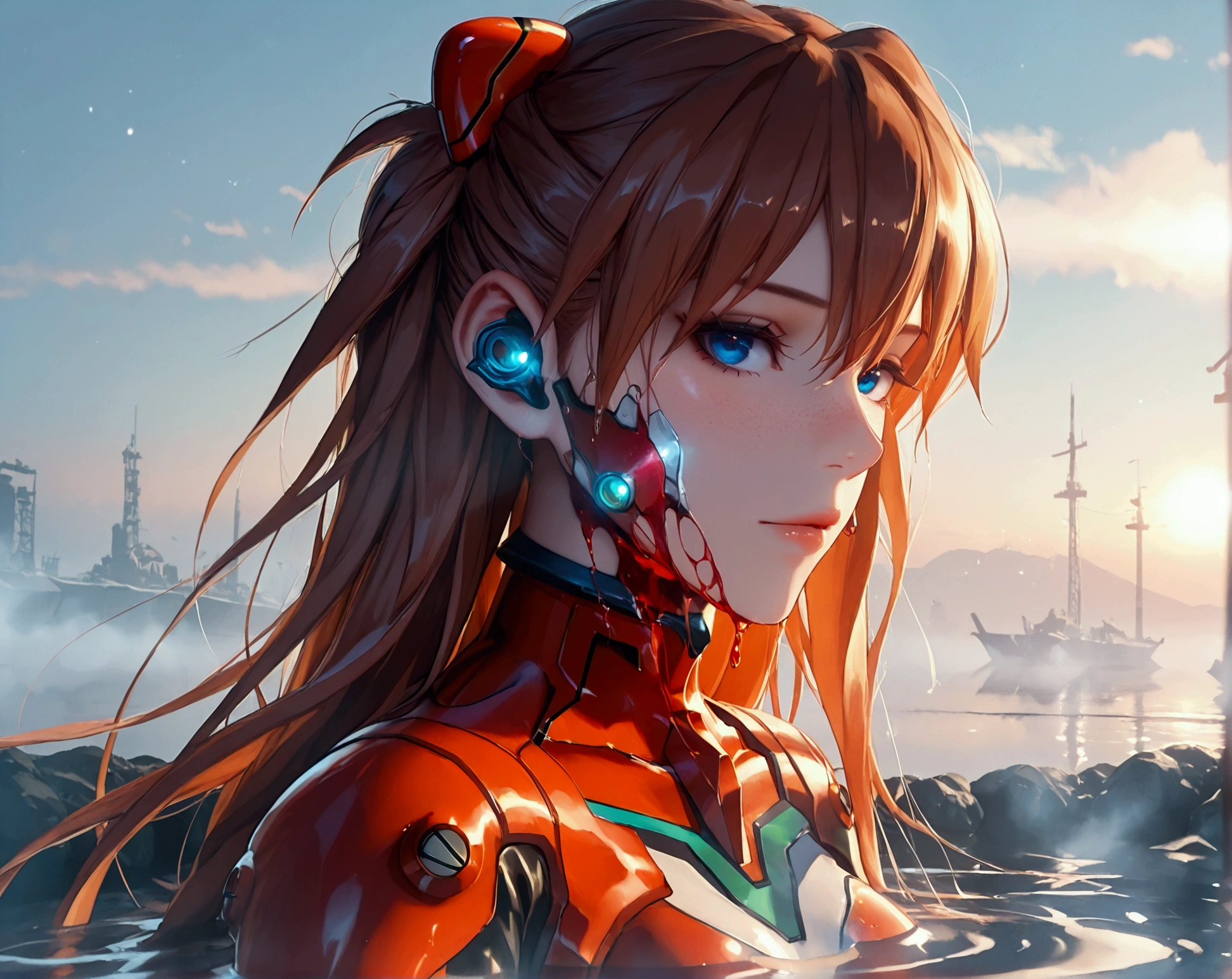 ( very detailed CG unity 8k wallpaper,masterpiece,  best quality, ultra-detailed),3d,a beautiful female model, transparent red bodysuit, slowly fading away, detailed face, beautiful eyes, full lips, long lashes, flowing hair, elegant pose, Under an empty night sky , by the sea,  Orange Hair , dramatic lighting, ethereal, Surreal, dreamlike, mist, Fog, shimmer, glowing, 8k, high-quality, cinematic, masterpiece,1girl, full body, back view, looking at viewer, ass,heavy bodyarmor,shirogane, souryuu asuka langley, brown hair, two side up, bangs, freckles, long hair, blue eyes, red sea, Eva-02 in the background, red water, partially submerged
