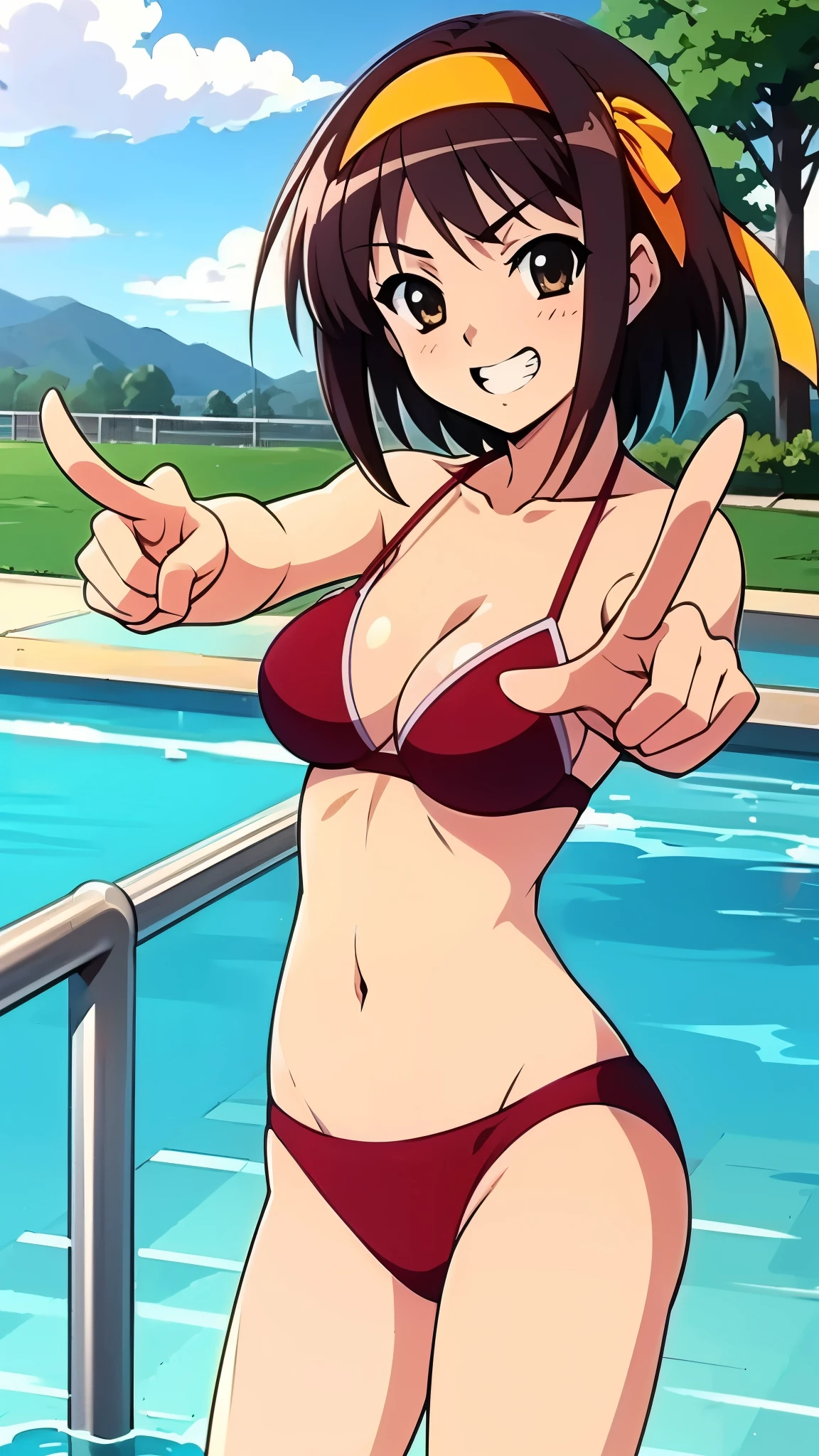 out door, pool side, 11:00 am, break anime style, 8k, masterpiece, ultra high res, wearing red bikini, grin, break, standing, focus upper body, yellow headband, pointing,