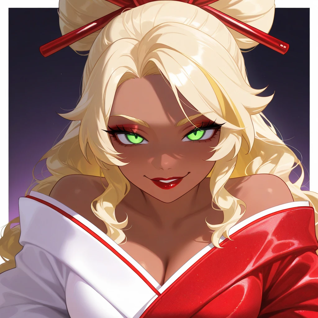 OC, female, semi realism, dark tanned skin, red lips, blonde eyebrows, perfect face, long wavy light Ashe blonde hair with bang, half-closed Green eyes, evil smile, red glamorous, sweet aesthetic, sexy kimono, mystic luminescent, sexy,