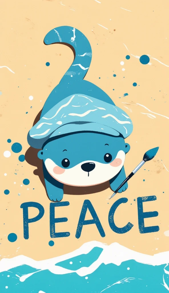 A flat adorable cartoon style illustration of a sea otter (blue fur, blue beret hat with wavy patterns, tail that looks like paintbrush) writing the word "PEACE" across the beach using its tail that looks like a paintbrush. top down view.