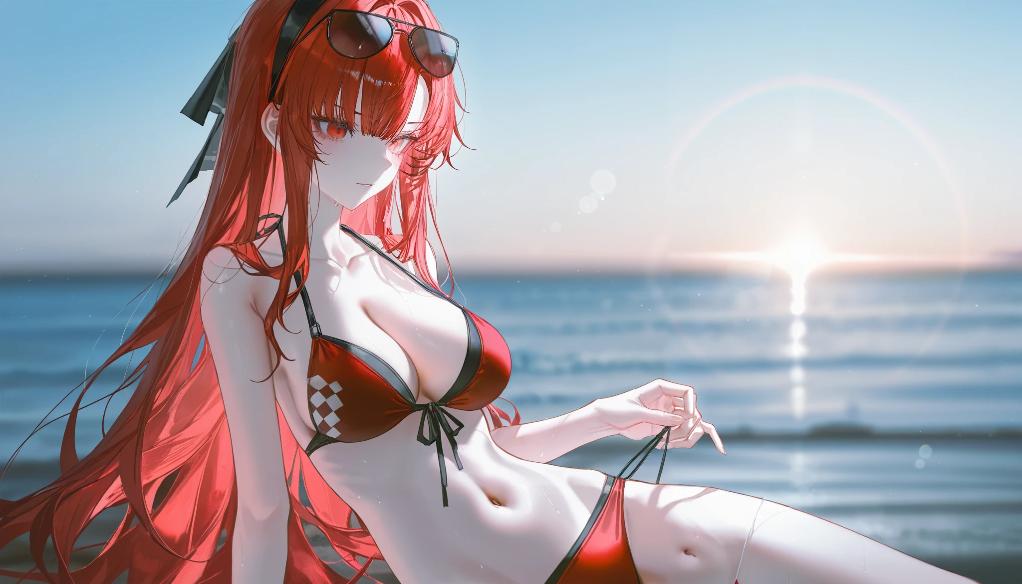 Parasol, food, basket, flip flops, vinyl sheet, Beaches and sands, Calm expression, Perfect hands, elder, Red Hair, The dignity of a 50-year-old, 落ち着きのあるwoman, solo、(Highly detailed background:1.0)、(Highly detailed background:1.0)、masterpiece、Highest quality、(Babes)、Fractal Art、Red eyes、Narrow eyes、Sexy black and red swimsuit, Reddish cheeks、Tropical Sea、From the shoulders up、Recall、smile、One Woman、Three-dimensional clouds、Venice beach, Red Ponytail, Red eyes,スタイリッシュなアクセサリーsolo, Big Breasts, woman, Take-out, Provocative laughter,40 year old woman,Queen of Sadism, Highly detailed background, Great writing style, Sit with both hands outstretched, Splash, Diffuse reflection of light, Perfect Human Medicine, Water breathing, Bare Skin, barefoot, Sweat,